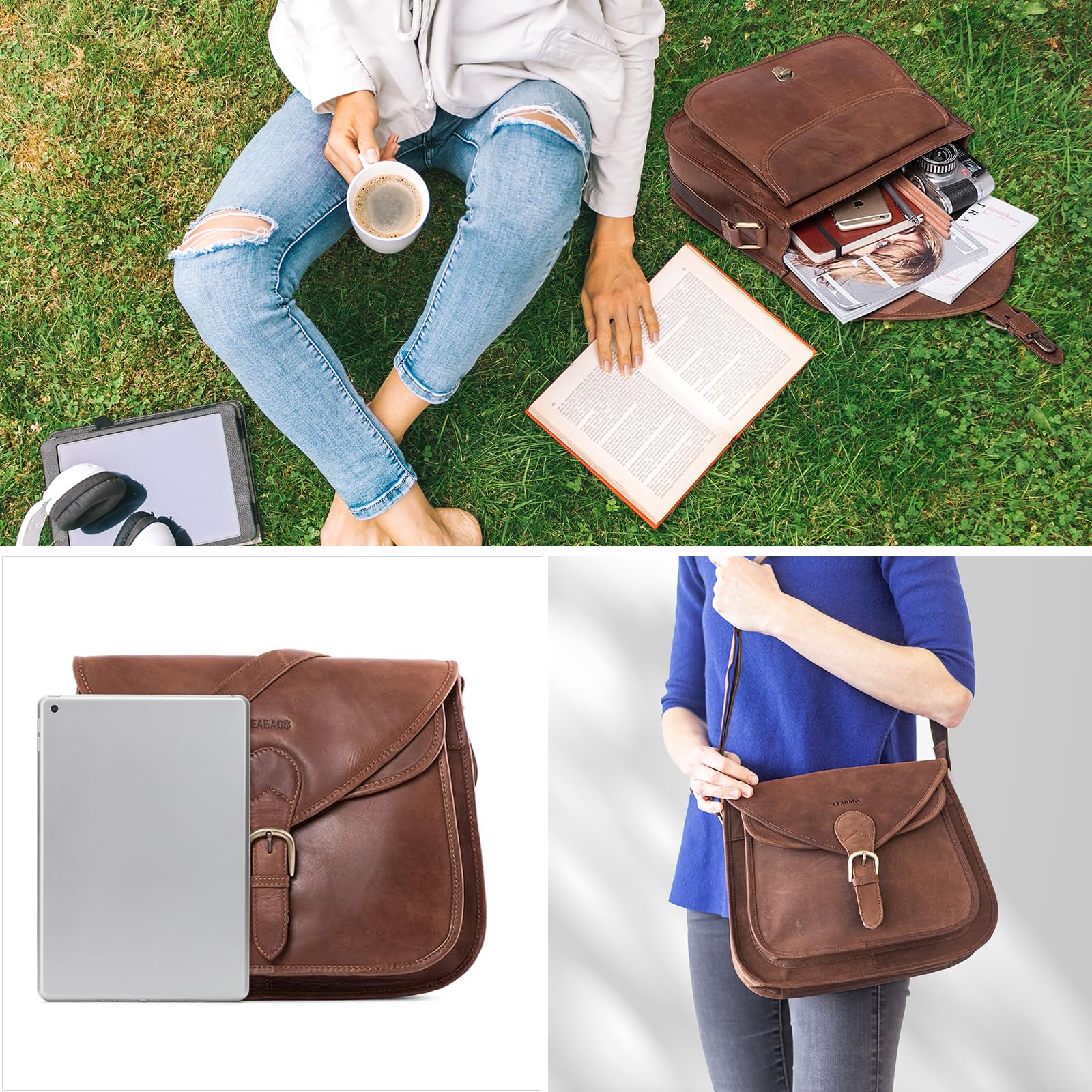 LEABAGS Leder Handtasche Damen I Premium Echtleder Umhängetasche I Damen Schultertasche I Damentasche I Tragetasche für Arbeit Uni Schule Freizeit I Größe L (32 x 31 x 9 cm) I Nature Hellbraun