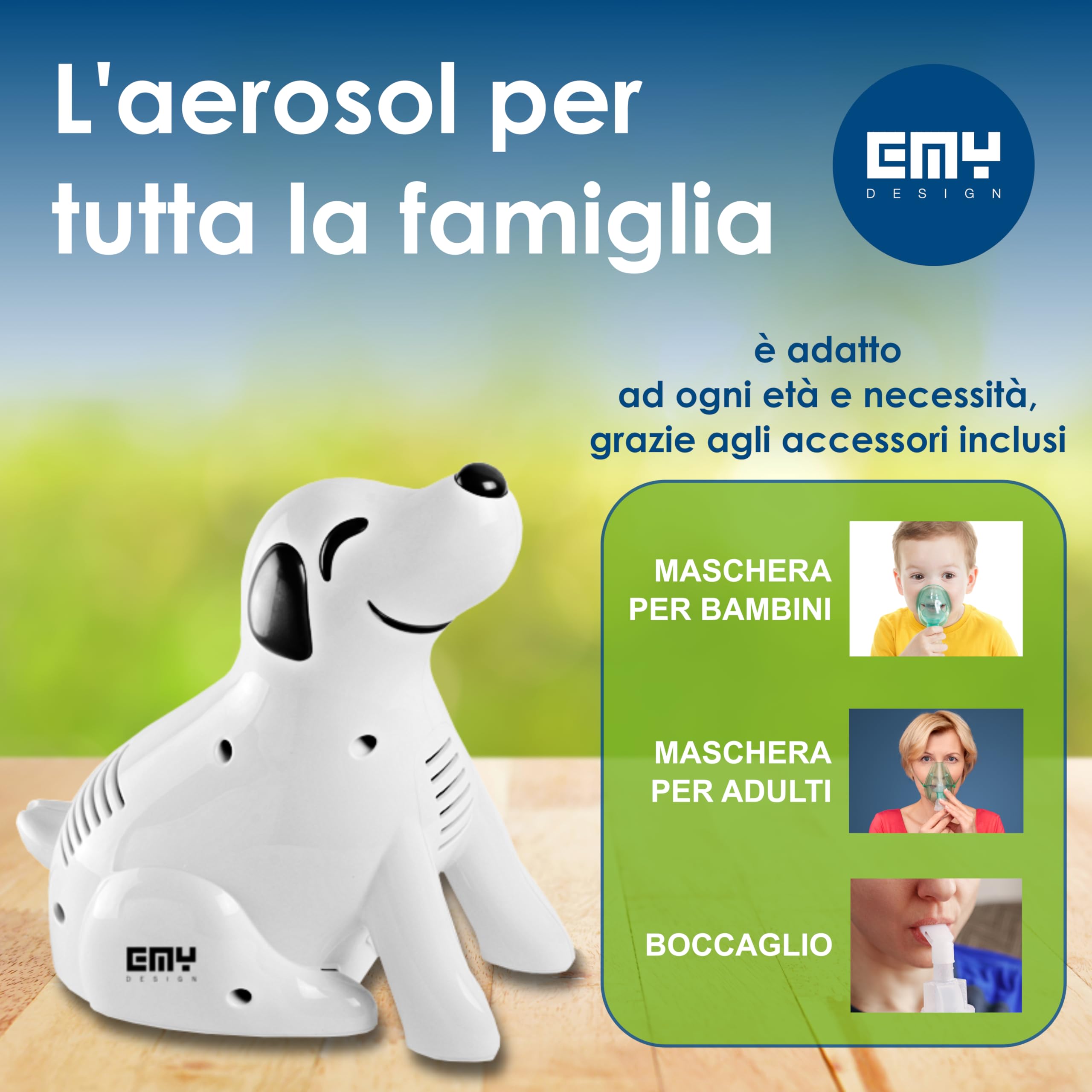E.M.Y. Design DOCTOR DOGGY - Aerosol per Bambini e Adulti, Dispositivo Medico Classe IIa, Certificato CE e FDA, Nebulizzatore a Pistone Potente con Accessori e Borsa