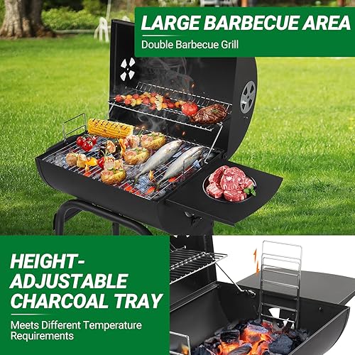 Miniatura 3 de Barrel - Parrilla de carbón con mesa auxiliar y ruedas, pequeña parrilla de barbacoa de carbón, parrillas de barbacoa al aire libre con termómetro,