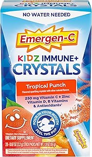 Emergen-C Kidz Immune Plus Crystals, On-The-Go Immune Support Supplement with Vitamin C, Vitamin D, B Vitamins, Zinc and Manganese, Tropical Punch, Back to School Essentials - 28 Stick Packs