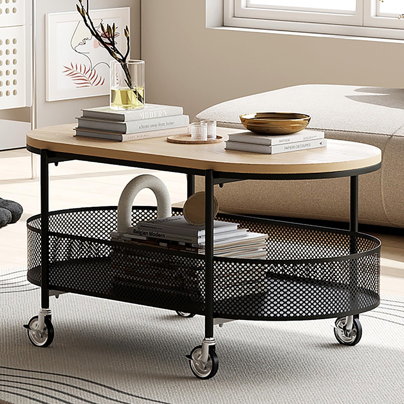 Side Table with Storage and Lockable Wheels Oval End Solid Wood panel for Small Spaces Rolling Table(Svart)