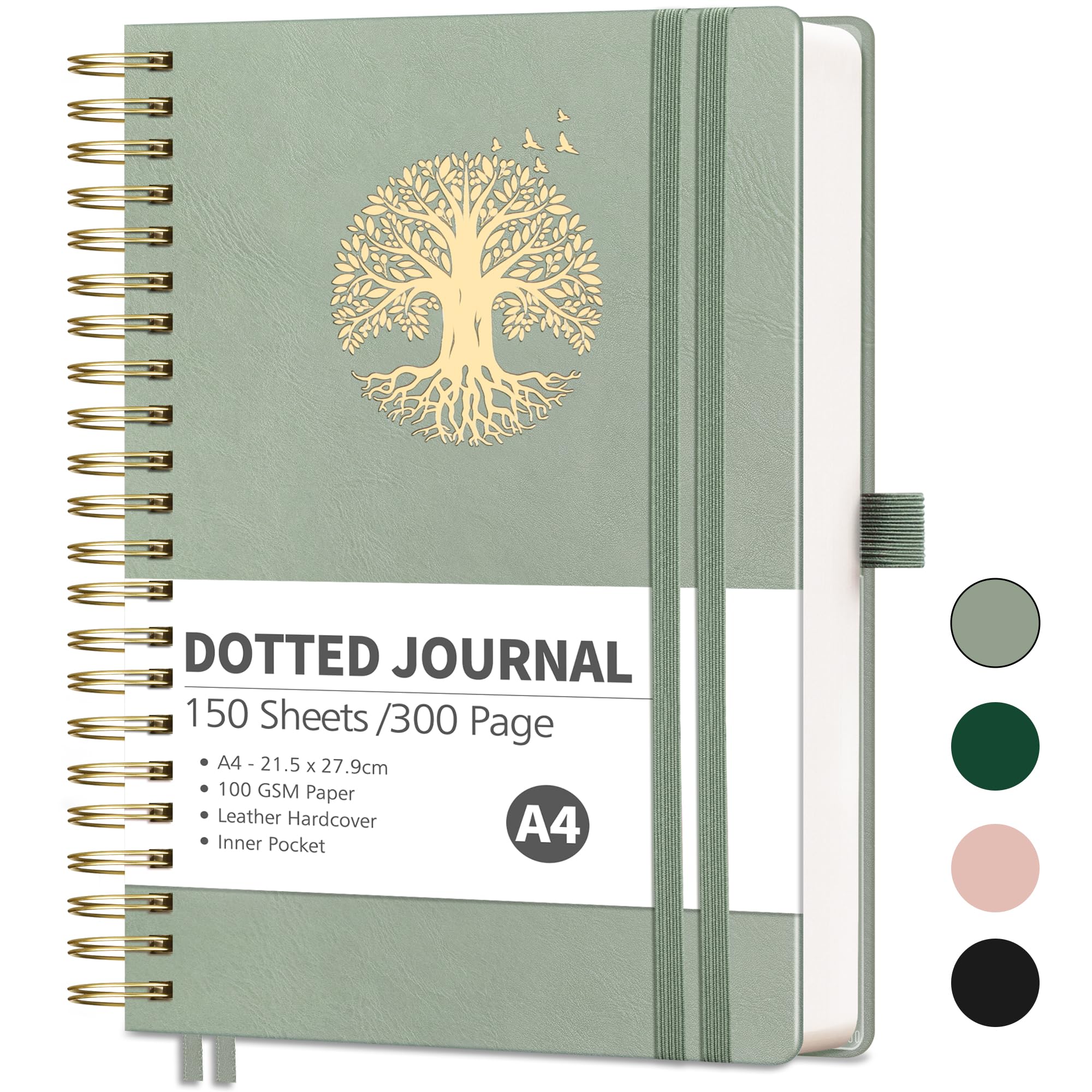 RETTACY Bullet Dotted Journal-A4 Notebook Hardcover Leather Thick Journal,Dot Grid Notebook 300 Pages for Writing,100gsm