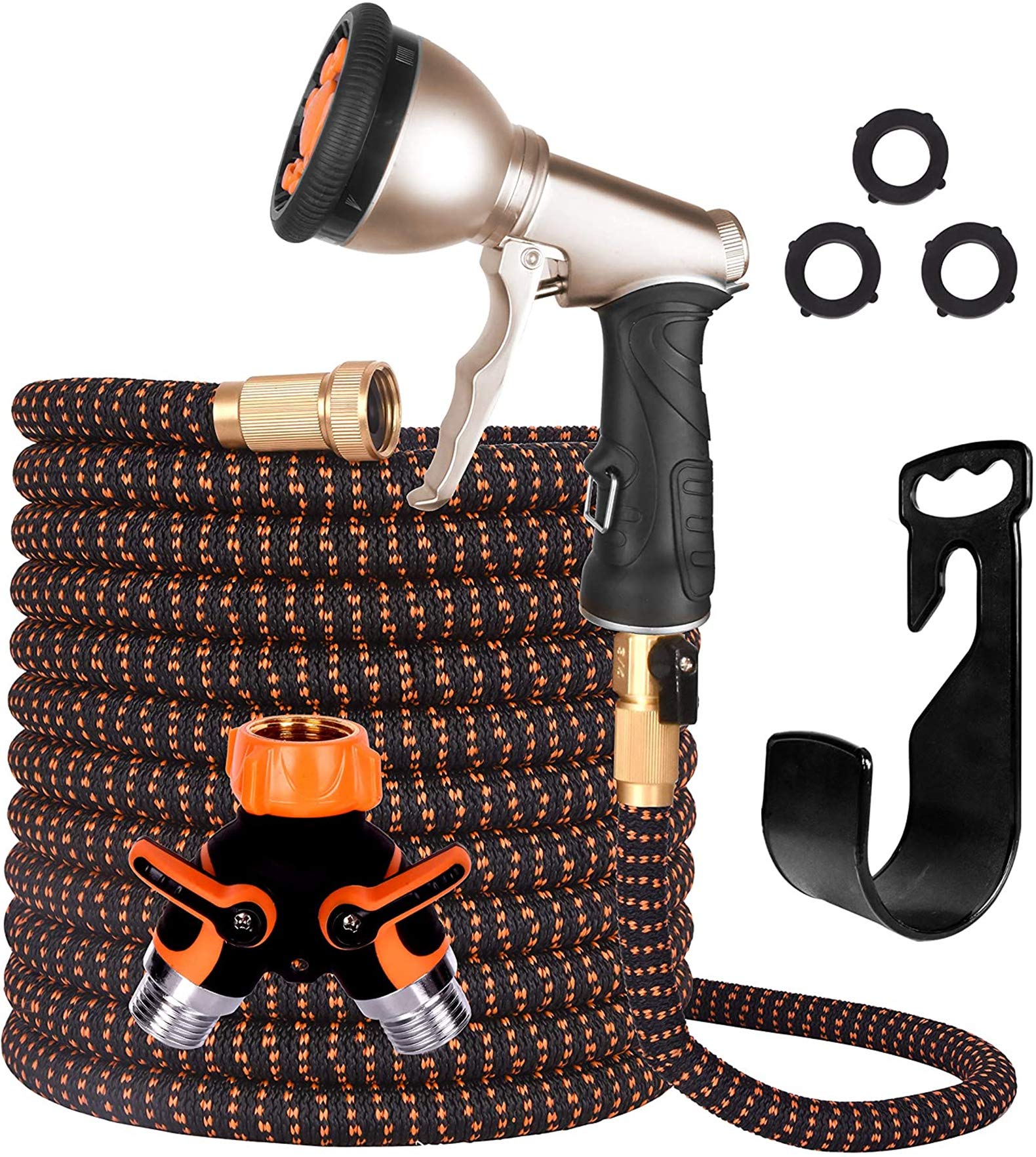 NRANSON45m Expandable Garden Hose, Leakproof Lightweight Expanding Water Hose with Durable 3750D Fabric, 9 Function Spray Hose Nozzles, 3/4" Solid Brass Connector, 2-Way Hose Splitter