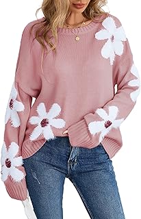 Womens Oversized Flower Sweaters Crew Neck Cute Knit Fall 2025 Trendy Lo...