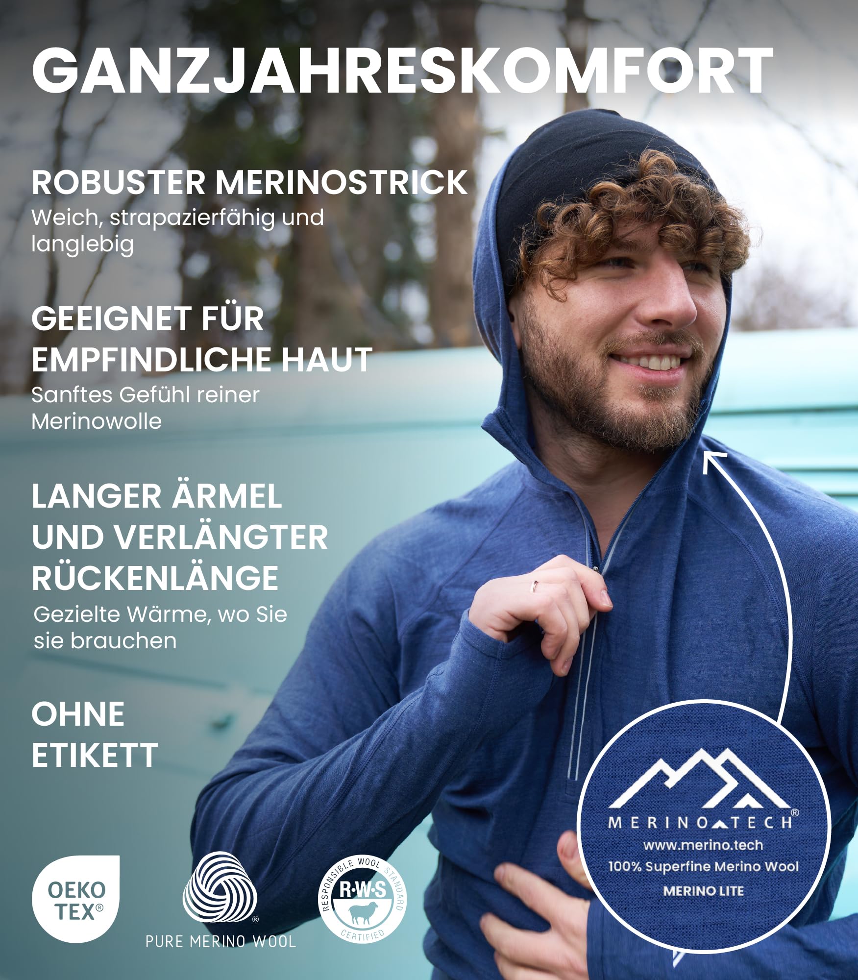 Merino.tech 100% Merino Hoody Herren mit Kapuze – Thermoshirt Hoodies für Männer aus Merinowolle, Kapuzenpullover für Herren