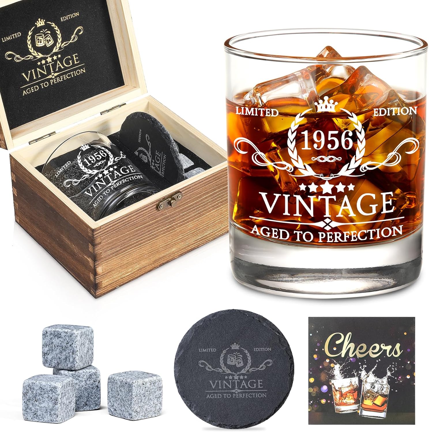70th Birthday Gifts for Men Whiskey Glass Set - 70th Birthday Decorations, Party Supplies - 70 Years Anniversary, Bday Gifts Ideas for Him, Dad, Husband, Friends - Wood Box & Whiskey Stones & Coaster