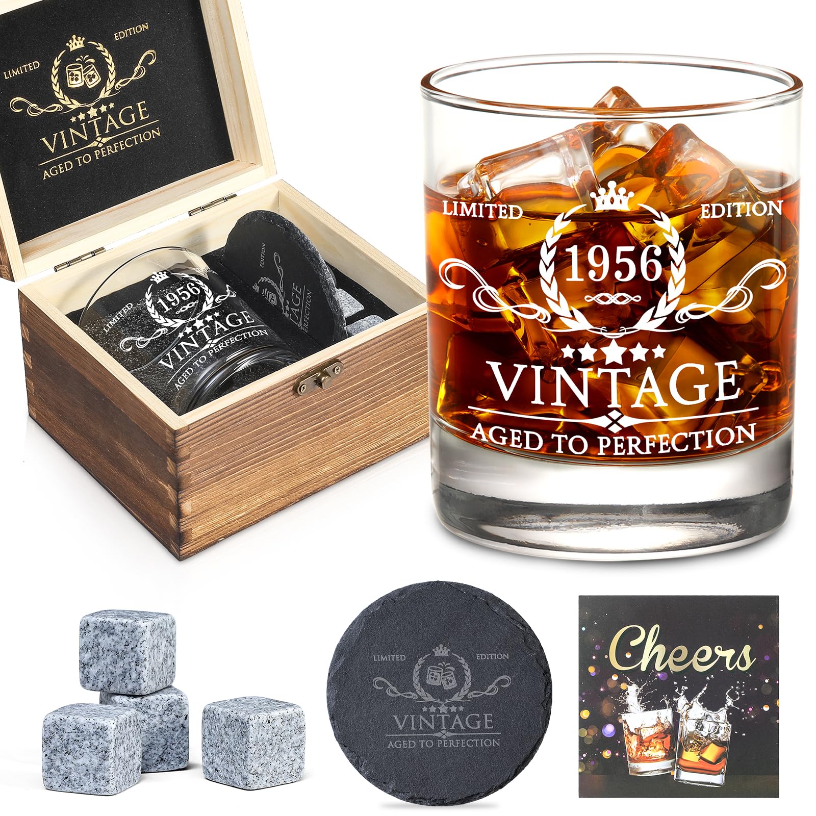 70th Birthday Gifts for Men Whiskey Glass Set - 70th Birthday Decorations, Party Supplies - 70 Years Anniversary, Bday Gifts Ideas for Him, Dad, Husband, Friends - Wood Box & Whiskey Stones & Coaster