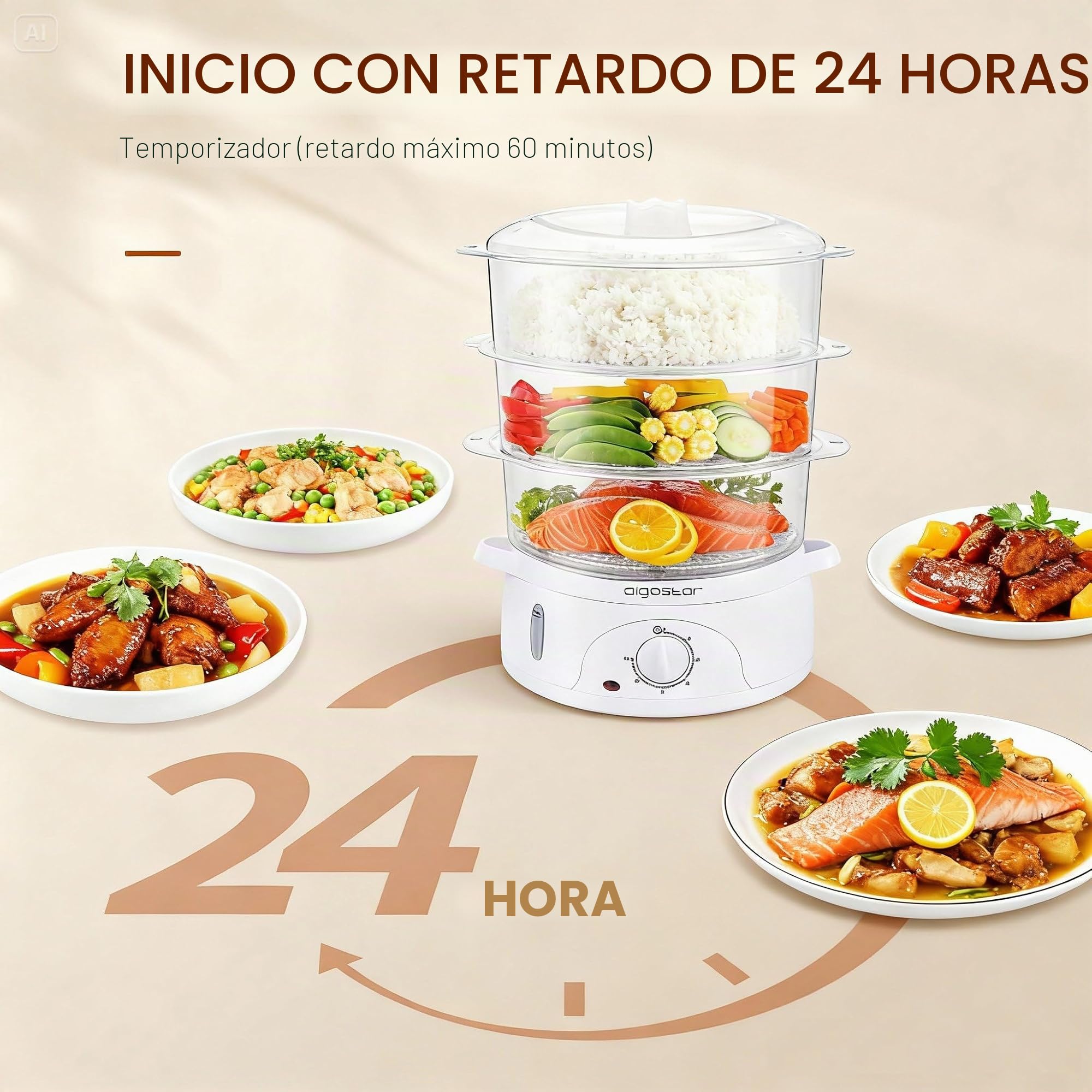 Aigostar Fitfoodie 30CFO - Vaporera Eléctrica 9L Capacidad, 800 W, Libre de BPA, Temporizador hasta 60 Minutos. 3 Recipientes Apilables, Cuenco para Preparar arroz. Diseño Exclusivo