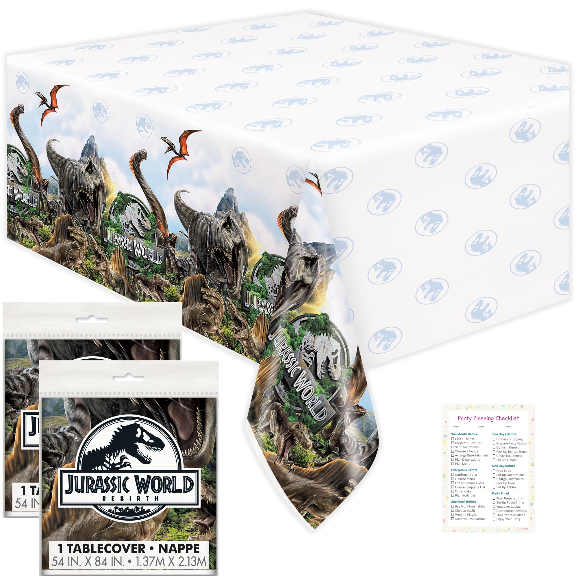 Jurassic Park Table Cloth (2 Pack) - Jurassic World Birthday Party Decorations - Officially Licensed - Party Supplies - 2 Plastic Tablecloth, with Checklist