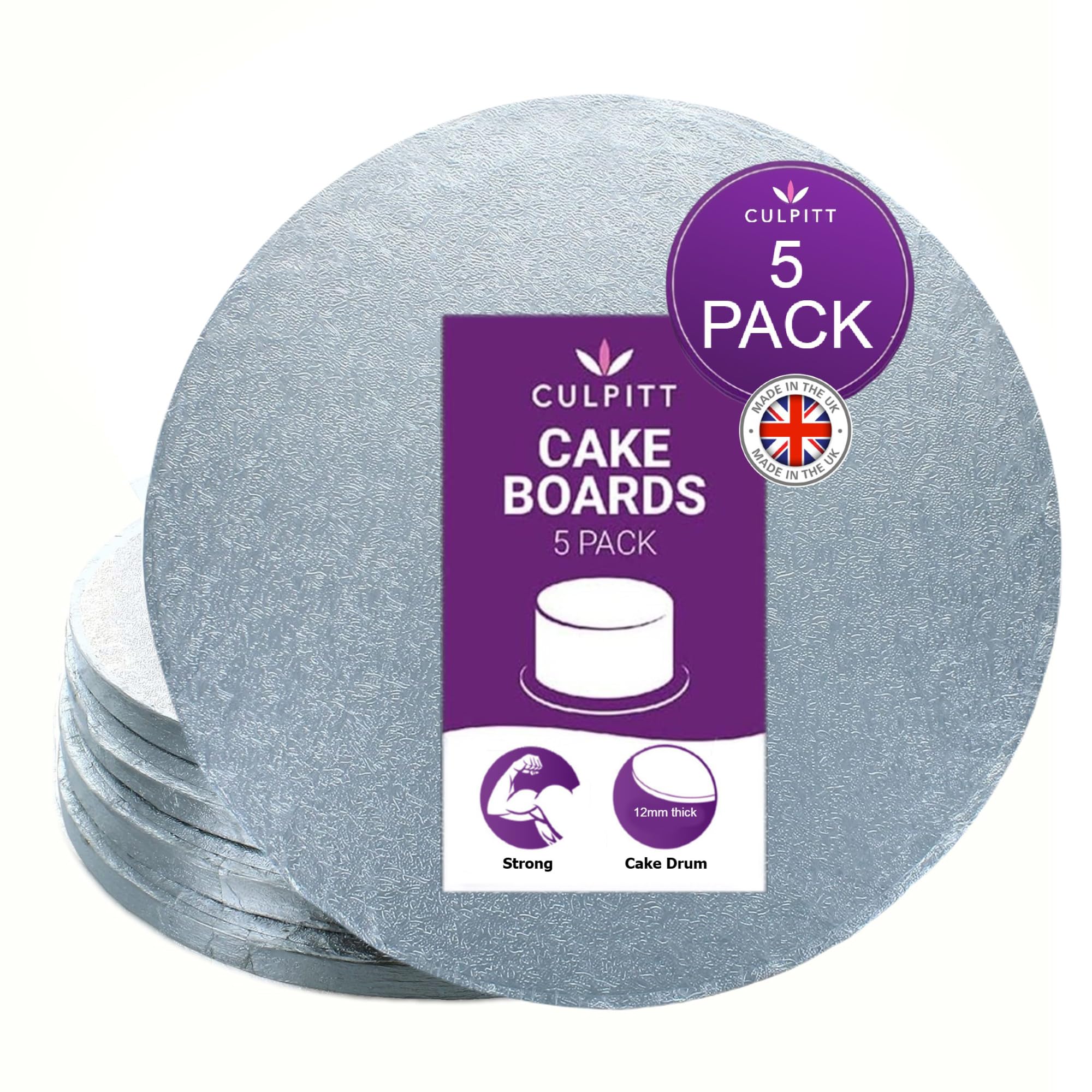Culpitt 10" Round Silver Cake Drum Board - Pack of 5 (Individually Wrapped), Silver Fern, IRD10