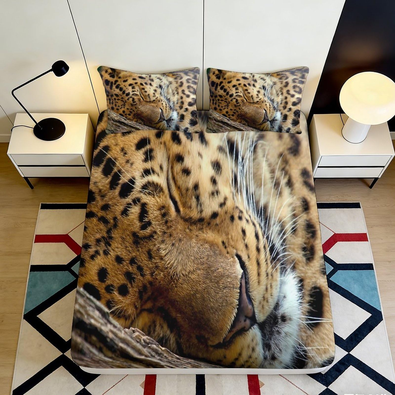 3D Printed Leopard Fitted Sheet Microfiber Elastic Hem Bedroom Bedding Leopard Mattress Fitted Cover Deep Pocket Non-Slip Washable 200x200x25cm