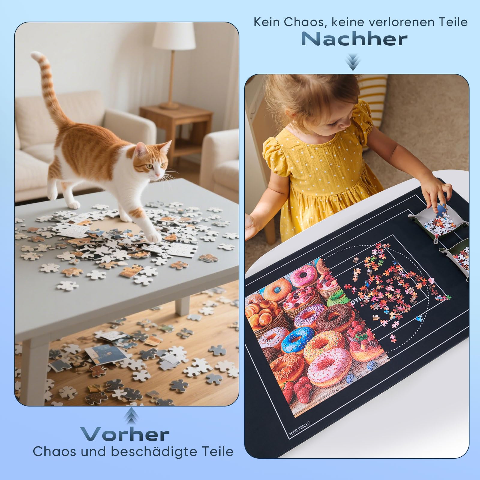 ZOYIDOUX Puzzlematte Rollmatte bis 1500 Teile – Glatte Polyester-Oberfläche, rutschfeste Gummi-Unterseite, 6 Sortierschalen, Klettbänder, Schaumstoffrolle & Tragetasche zur Puzzle Aufbewahrung