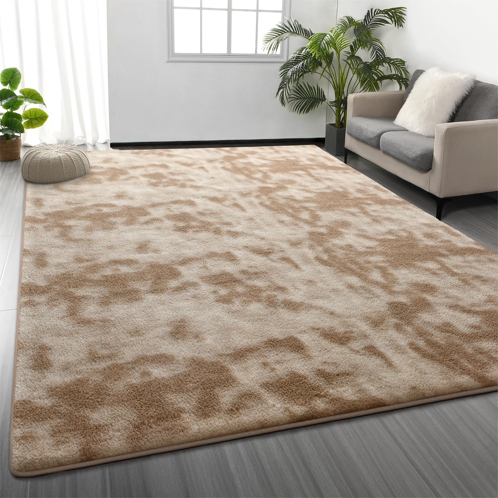Large Rugs for Living Room Bedroom, 5 x 8 Ft Non-Slip Tie-Dyed Modern Area Rug, Soft Thickened Memory Foam Rug, Comfy Minimalist Indoor Carpet for Boys Girls Room Nursery Dorm Home Decor, Beige