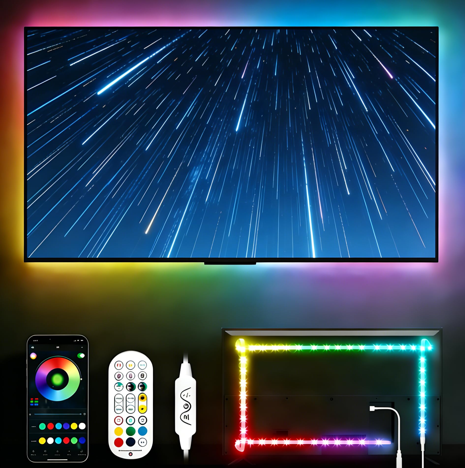 Daymeet Taśma LED do telewizora 5 m, zmiana kolorów RGBIC, synchronizacja z muzyką, 201 LED, do użytku wewnętrznego, wielokolorowa, oświetlenie telewizora LED