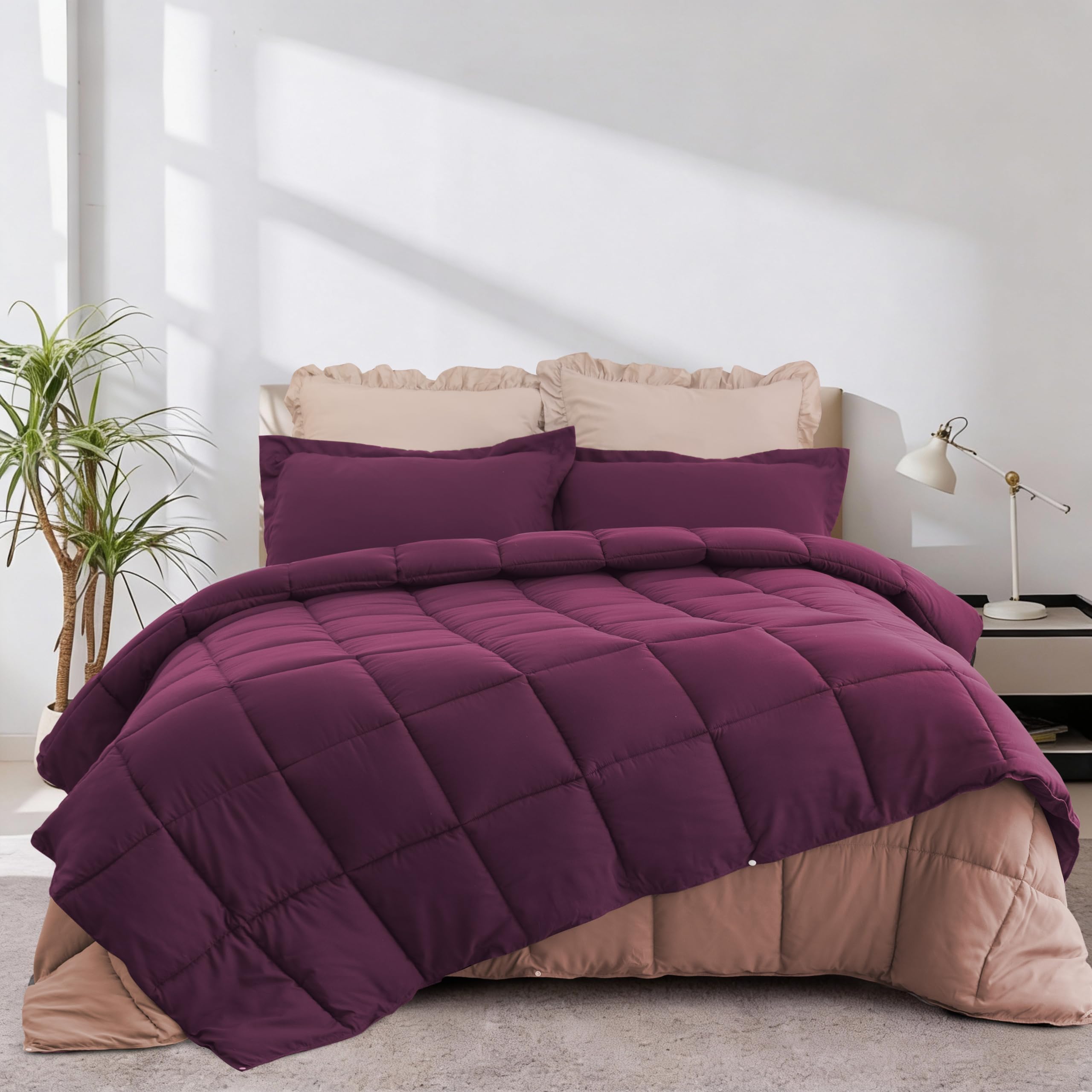 HIG 3-In-1 Plum Reversible Coverless Duvet King - 240 x 220cm - OEKO-TEX Certified - 4.5 & 10.5 Tog Quilts Which Combine to Create a 15 Tog Bed Duvet with 2 Shams - Machine Washable โ image 1