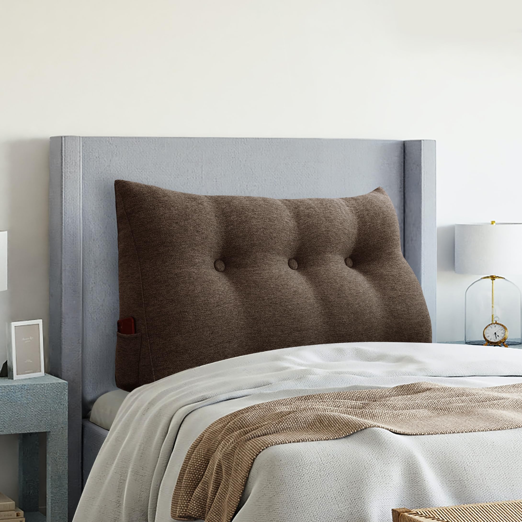 VERCART Triangular Headboard Wedge Pillow Daybed Pillows Bed Headboard Pillow Wedge Bed Rest Reading Pillow Gap Filler Triangle Back Cushion Lumbar Positioning Upholstered, Linen Coffee Twin