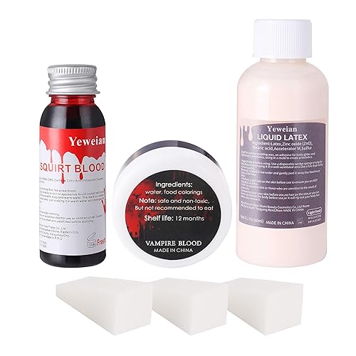 Kit de maquillaje SFX de látex líquido, líquido de látex de 2.1 onzas con gel de sangre falsa coagulada, sangre para chorros y esponja de punteado,