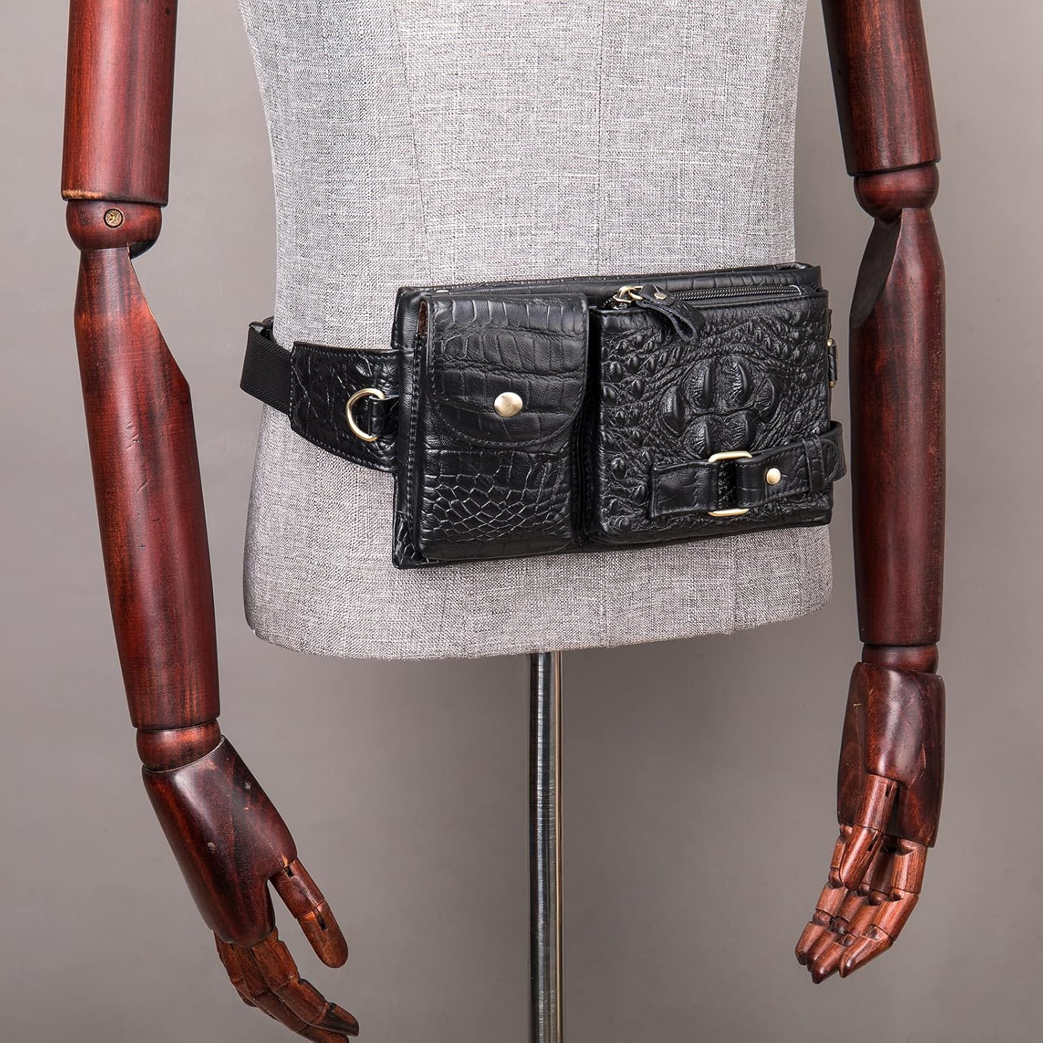 Mens Fanny Pack, Rugged Genuine Leather Waist Bags for Men Bumbag Waist Pack for Hands-free Crocodile Black - Image 7