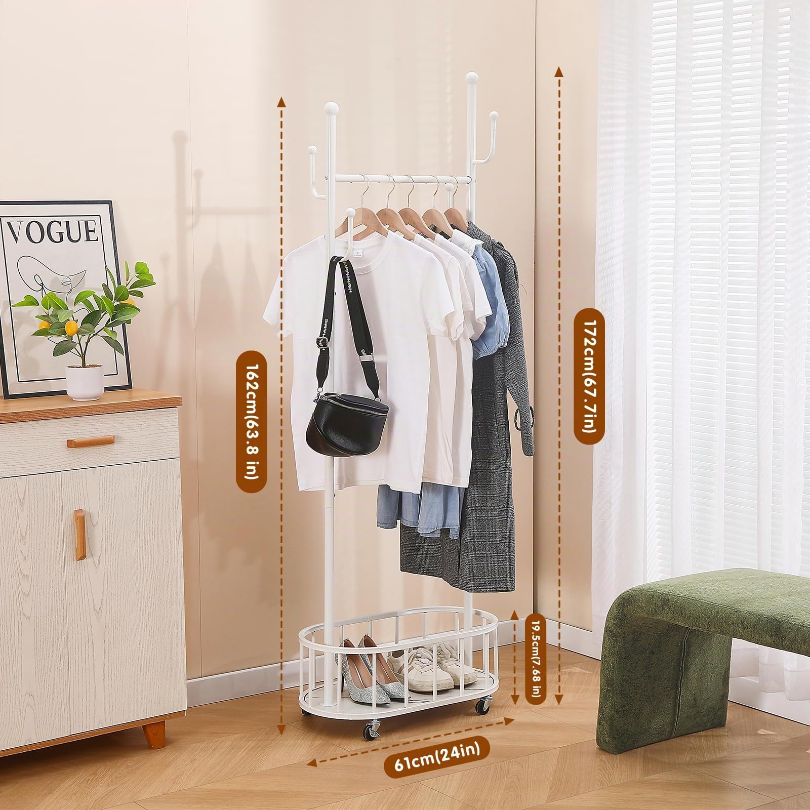 KAIHAOWIN Perchero con ruedas y cesta de almacenamiento, perchero de metal industrial con ruedas, para dormitorio y sala de estar y pasillo, blanco