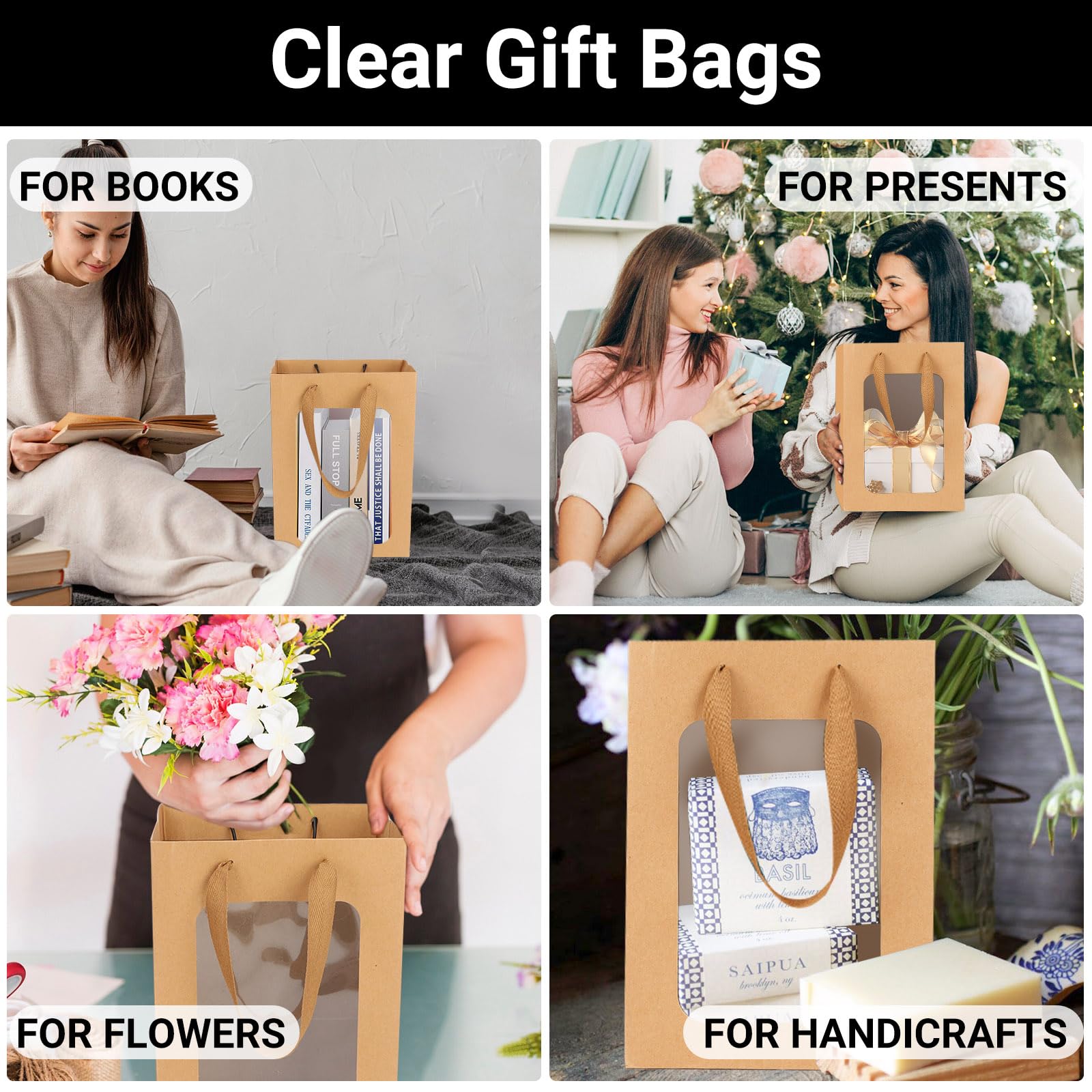 EUSOAR Kraft Bolsas de Papel con Asas - 50 Pack Bolsas Regalo con Ventana - 18x13x15cm Marrón Bolsitas Regalo para Cumpleaños - 180GSM Papel Gift Bags para Envoltorio