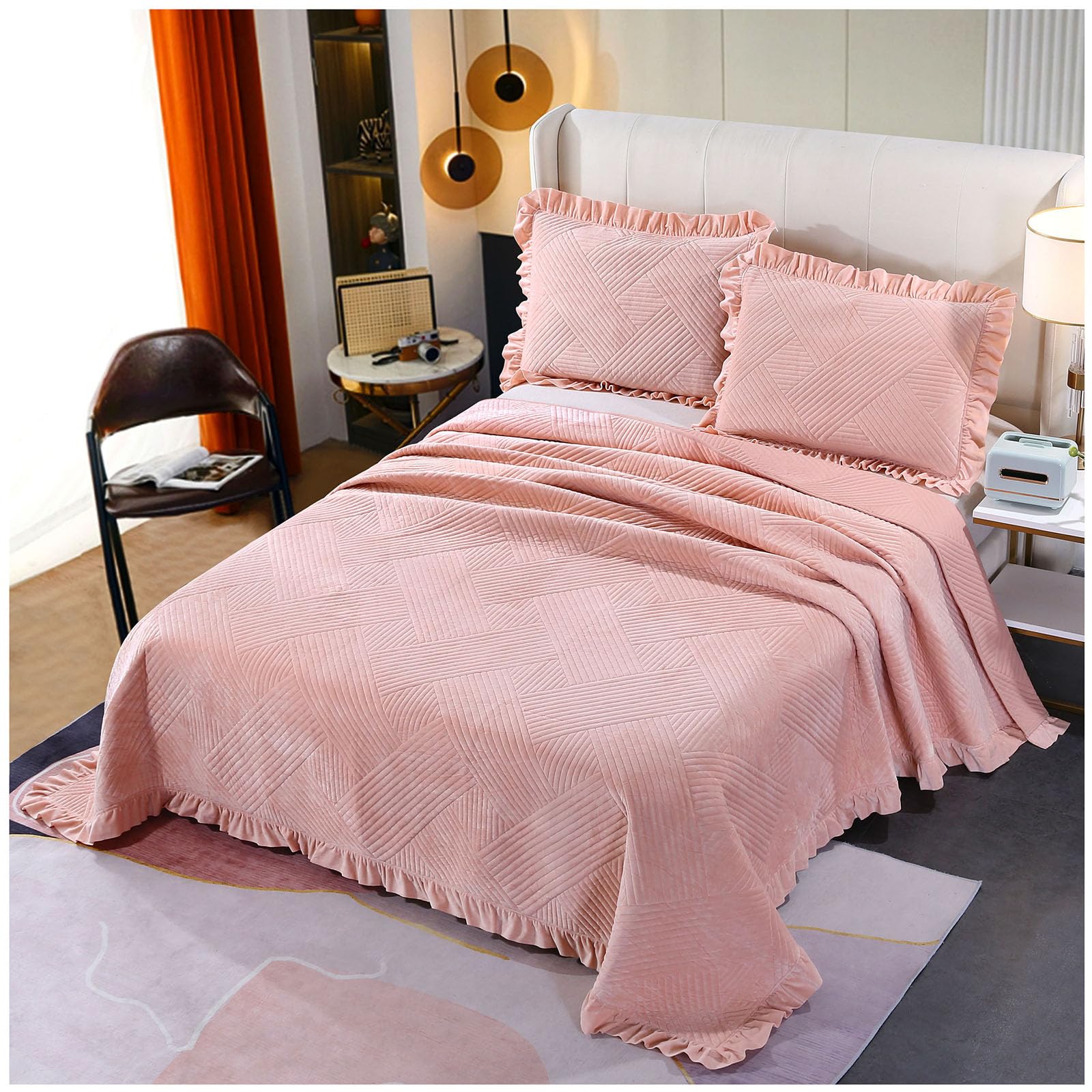 Couvre-lit en velours de luxe ZTGL matelassé rose grand lit élégant