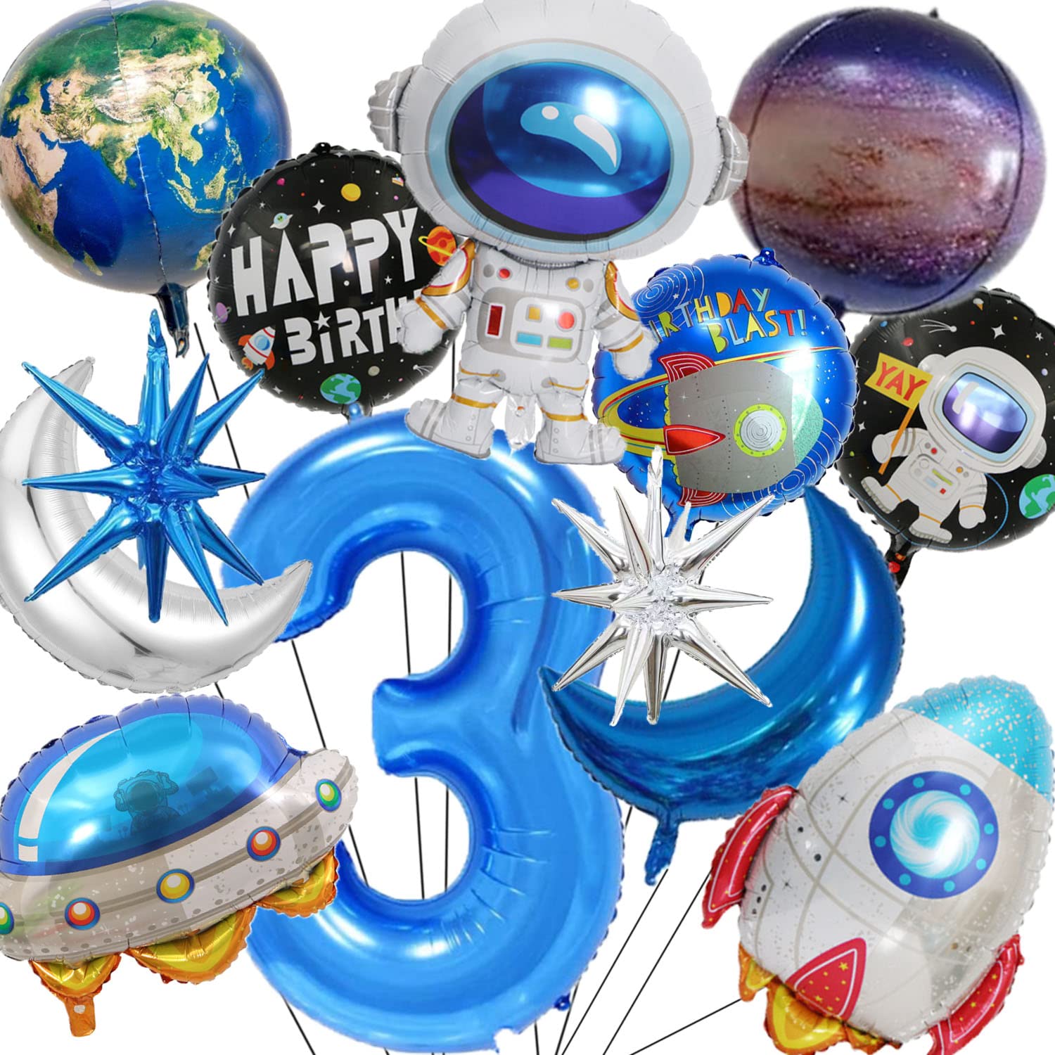 13 PCS Space Theme Birthday Party Decoration - Outer Space Balloons for 3rd Birthday Supplies, Foil Balloons for 40 Inch Blue Number 3 Astronaut Rocket Spaceman Star Moon Galaxy Earth (3rd)