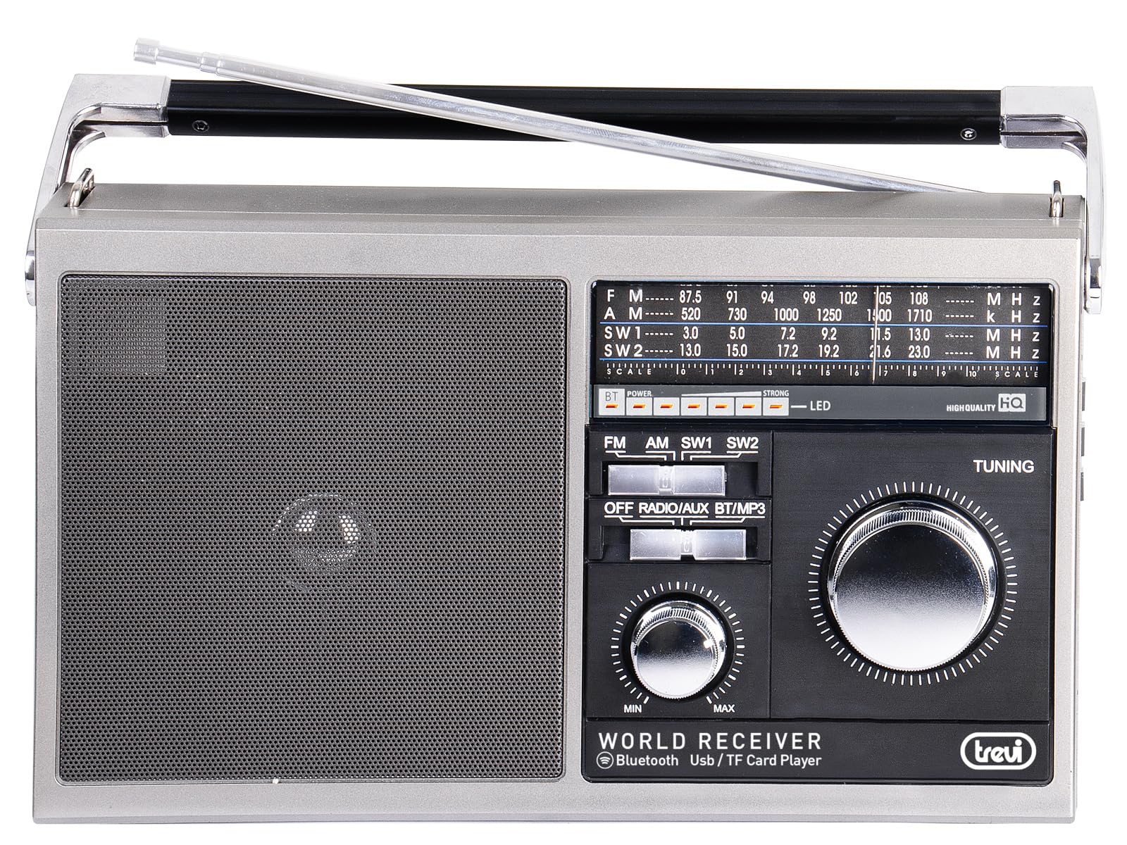 Trevi MB 749 W Radio portátil FM/AM/SW1/SW2, Gris | Audio Wireless v5.0, Reproductor MP3 de USB