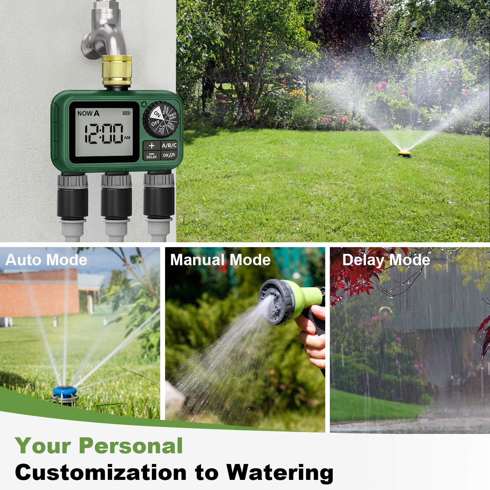 XinFuture Timer Sprinkler con 3 uscite in ottone, timer programmabile per tubo da giardino con ritardo di pioggia, sistema di irrigazione manuale e automatico, per 3 zone di irrigazione separate