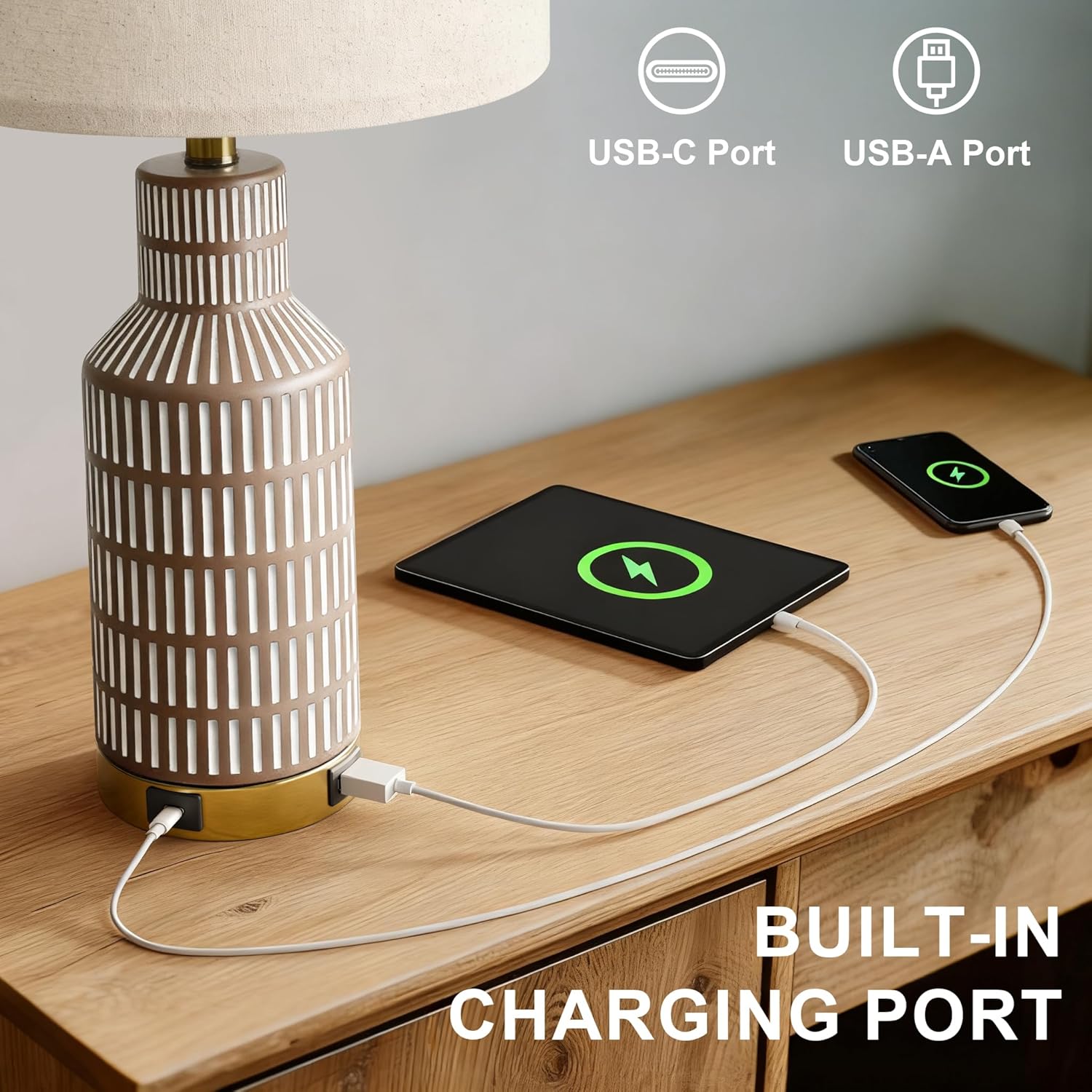 25" Modern 3-Way Dimmable Touch Control with USB A+C Ceramic Lamps Set of 2 Table Lamp for Living Room Bedroom Farmhouse Nightstand Bedside Brown 25"-Brown White-TU-2Pack