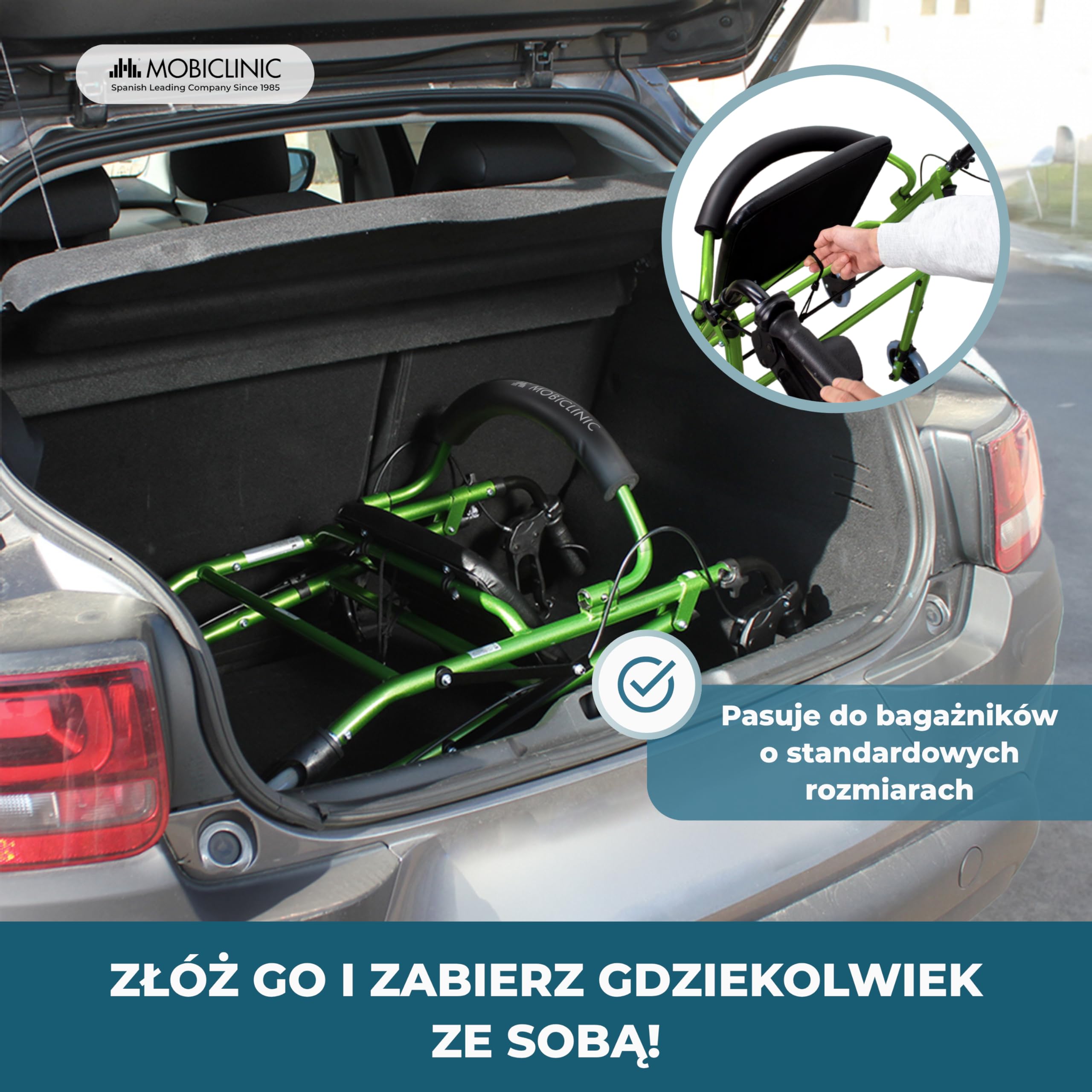 Chodzik | Składany | Aluminiowy | Hamulce na uchwytach | Siedzisko i oparcie | 4 koła | Zielony | Escorial | Mobiclinic