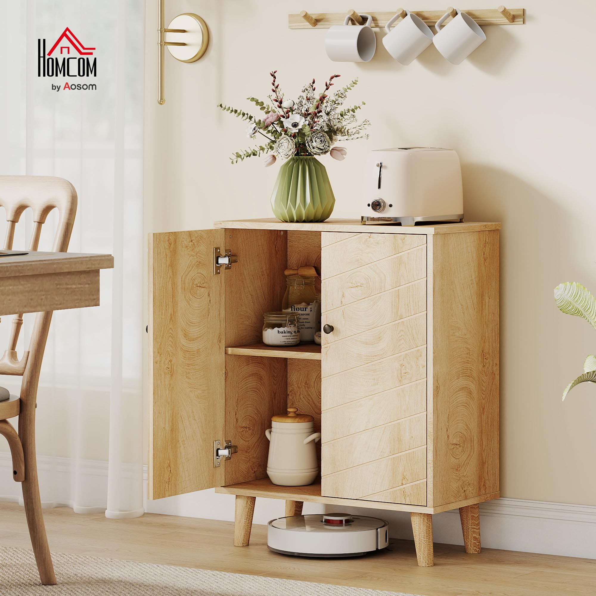 HOMCOM Aparador armario vintage 2 puertas chevrón acabado madera natural | Armario de almacenamiento de cocina moderno, patas de pino, salón cocina pasillo