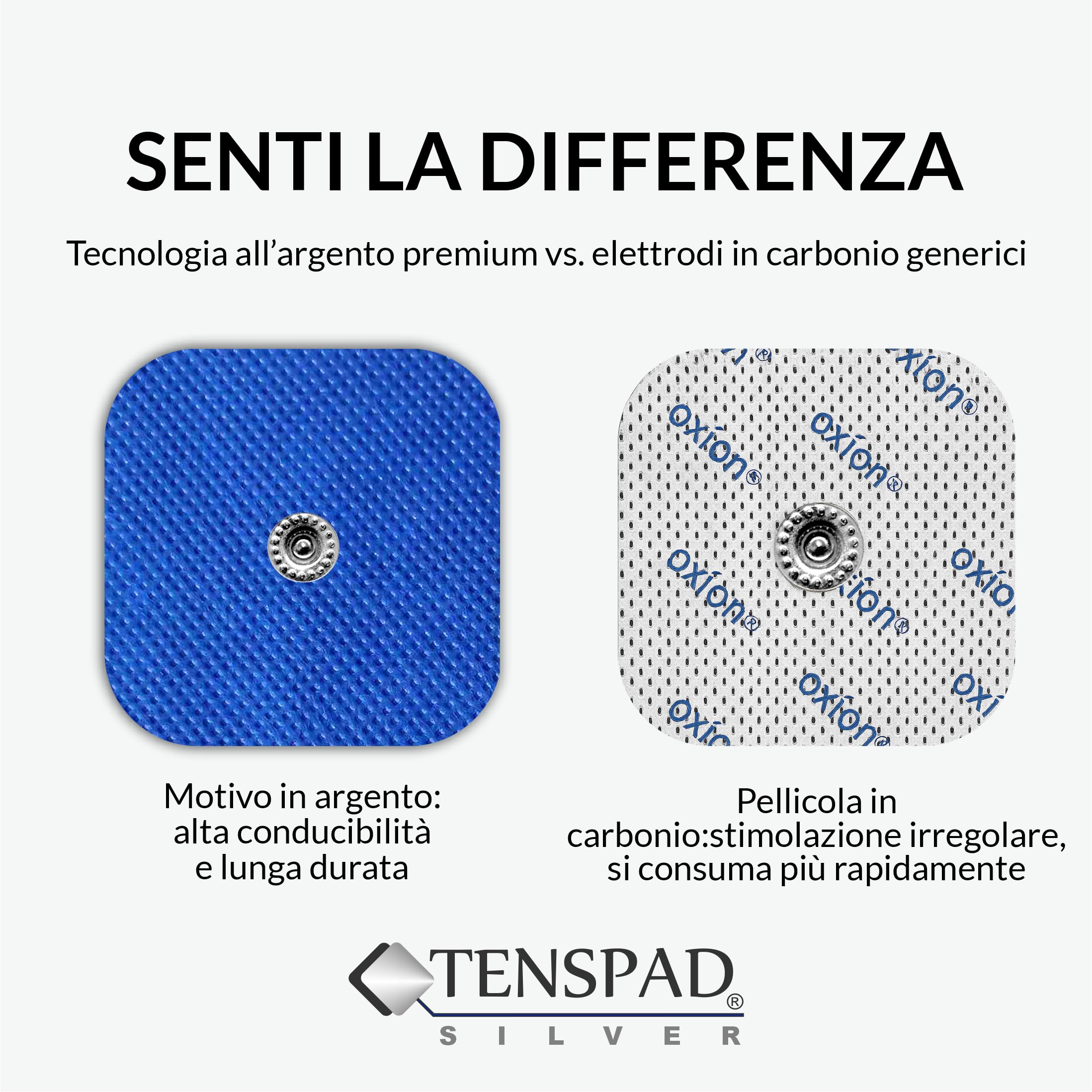 8 elettrodi con 1 SNAP, 50 x 50 mm, e 4 elettrodi con 1 SNAP, 50 x 100 mm, compatibili con Compex, con motivo in argento sulla superficie conduttrice