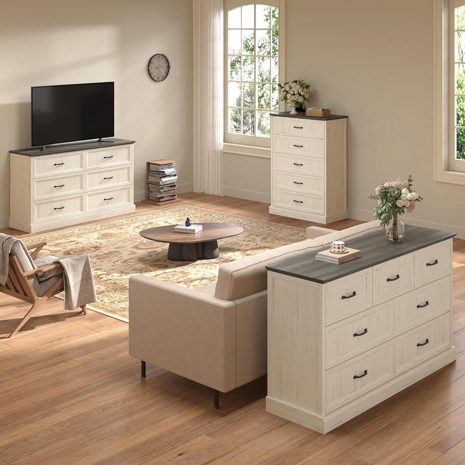 Farmhouse 6 Drawer Dresser for Bedroom, 55'' Wide Double Wood Rustic Chest of Drawers with Bar Handles, Modern Storage Dresser Organizer for Hallway, Living Room, White