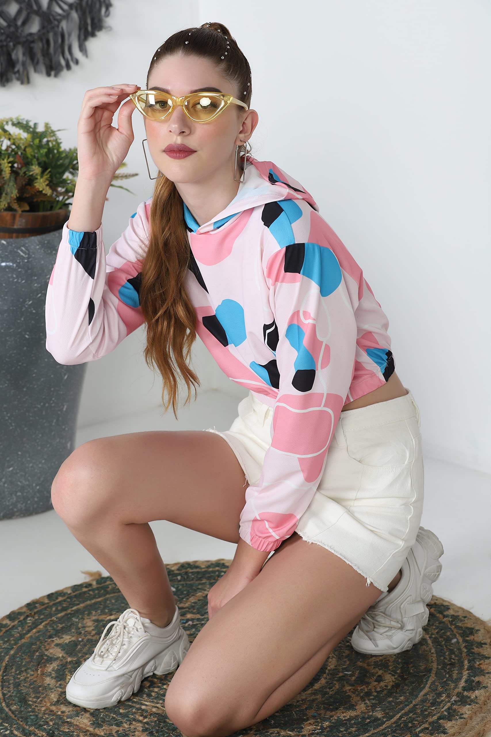 Leriya Fashion Felpa con cappuccio con stampa tie dye a maniche lunghe con coulisse pullover top casual allentato per le donne top