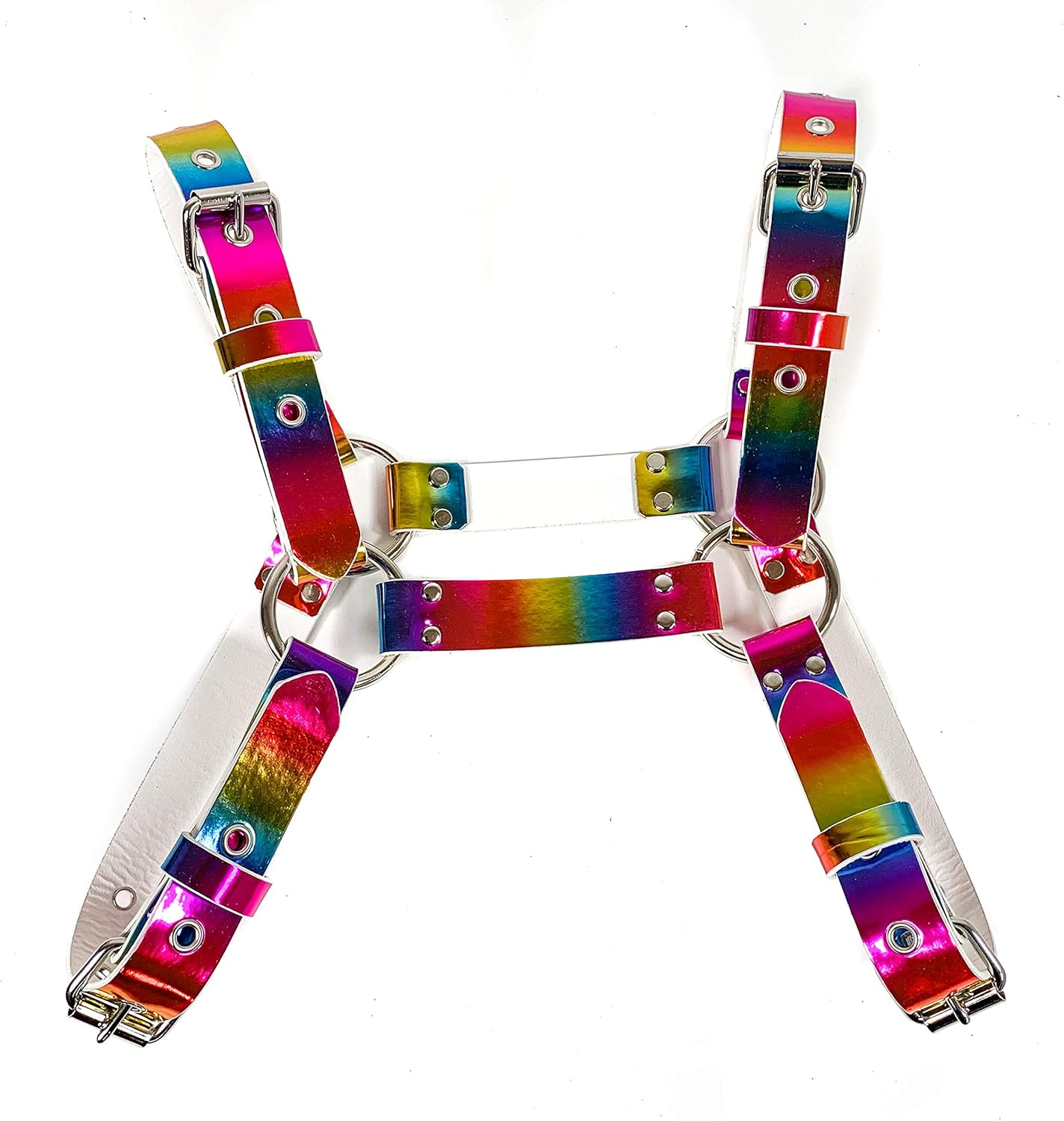 Funk Plus Rainbow Bulldog Harness - Multicolor, One Size, Complete Buckle Adjustable, Premium Vegan Leather, Handmade in USA