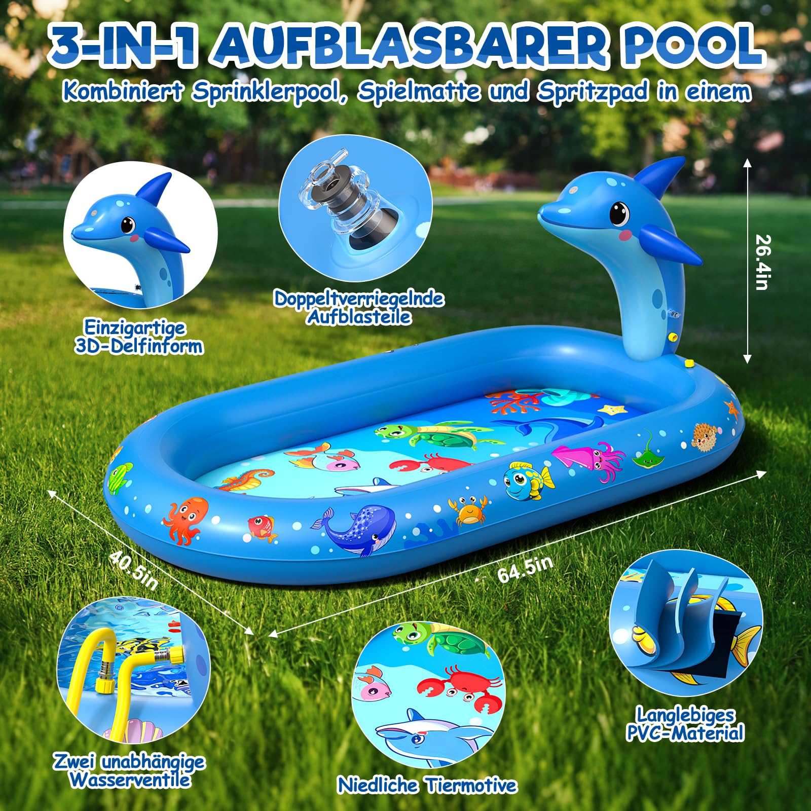 Planschbecken für Kinder, 3 in 1 Delfin Kinderpool, Planschbecken Baby, Watermatte für Kind, Verdicktes Material mit Wasserschlauch, Sommer Garten Wasserspielzeug für Jungen und Mädchen ab 1 Jahr