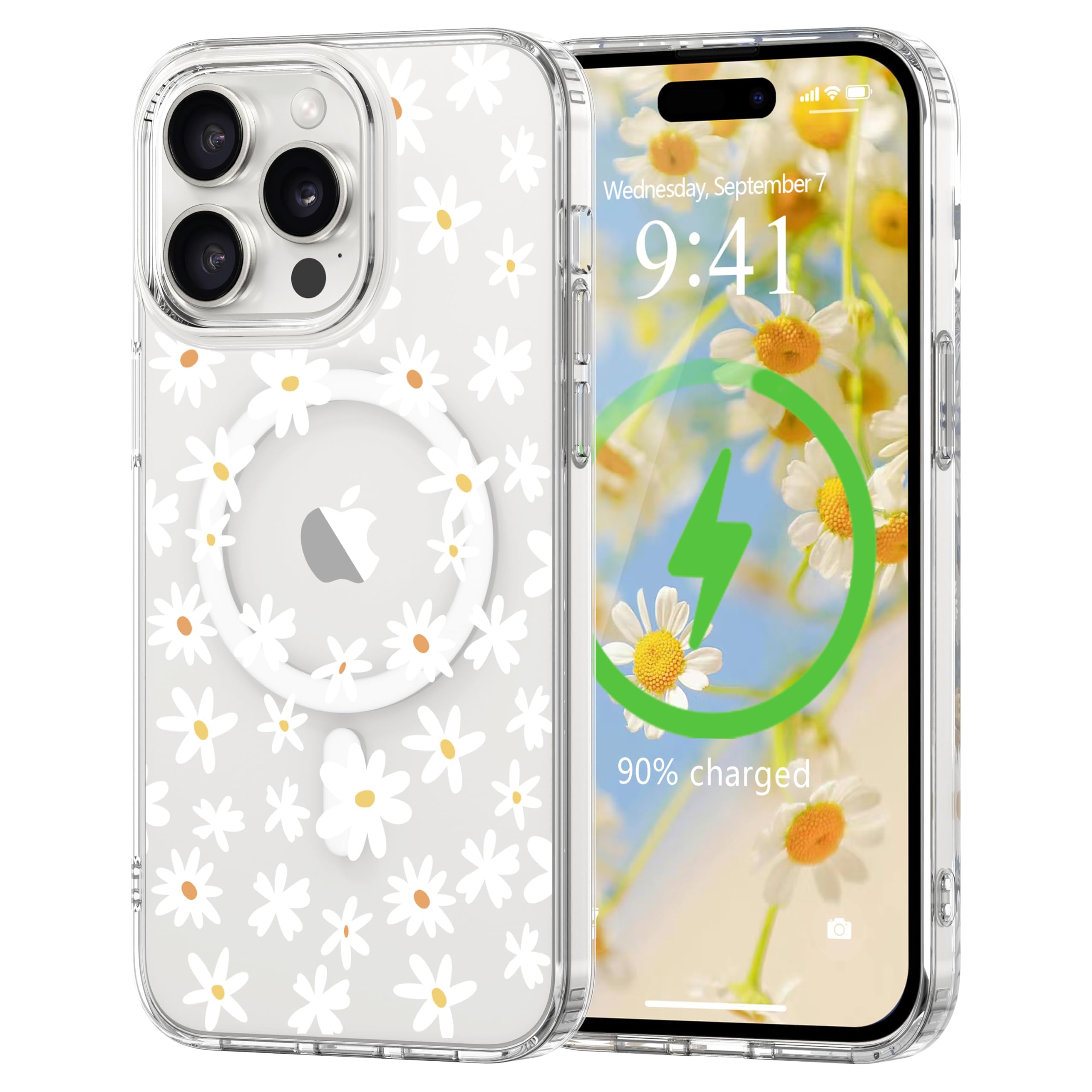 L-FADNUT for iPhone 15 Pro Max Case [Compatible with Magsafe], Cute Flower Girls Women Clear Case Silicone Shockproof Protective Cover with Pretty