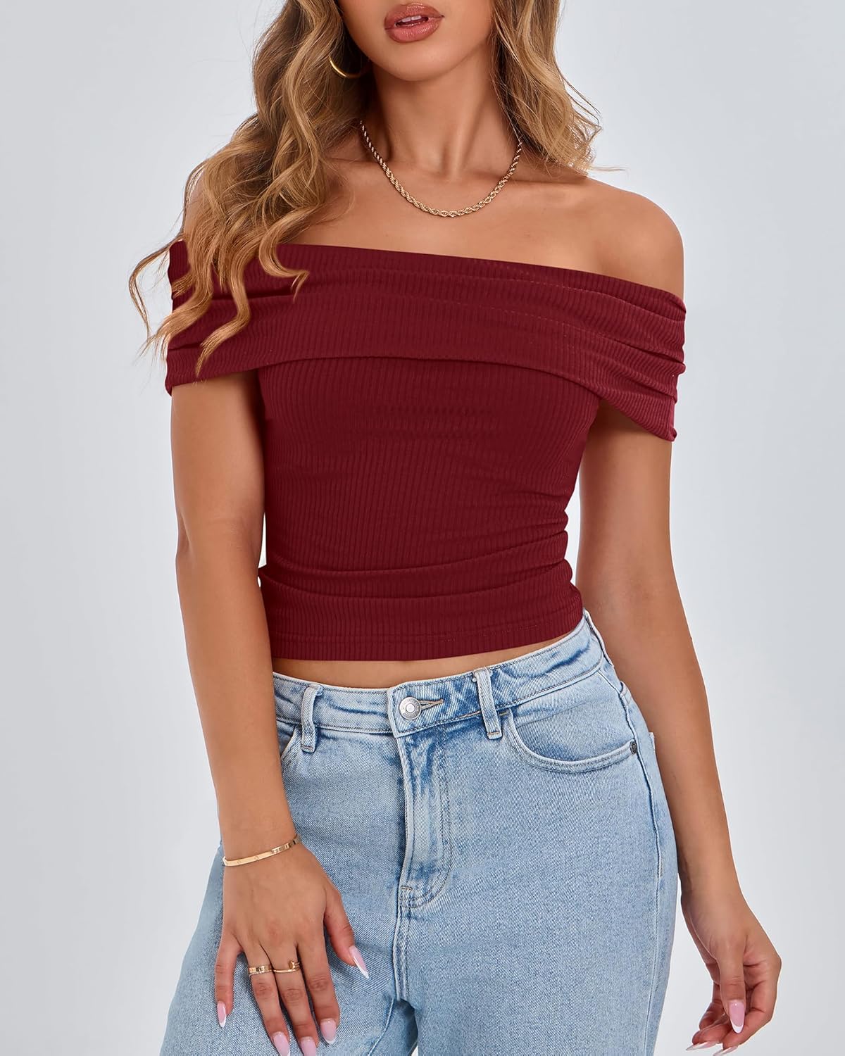 BTFBM Women's Off Shoulder Summer Tops 2025 Ribbed Knit T Shirts Short Sleeve Stretchy Slim Fit Trendy Going Out Top - (color: Wine Red, size: Small)