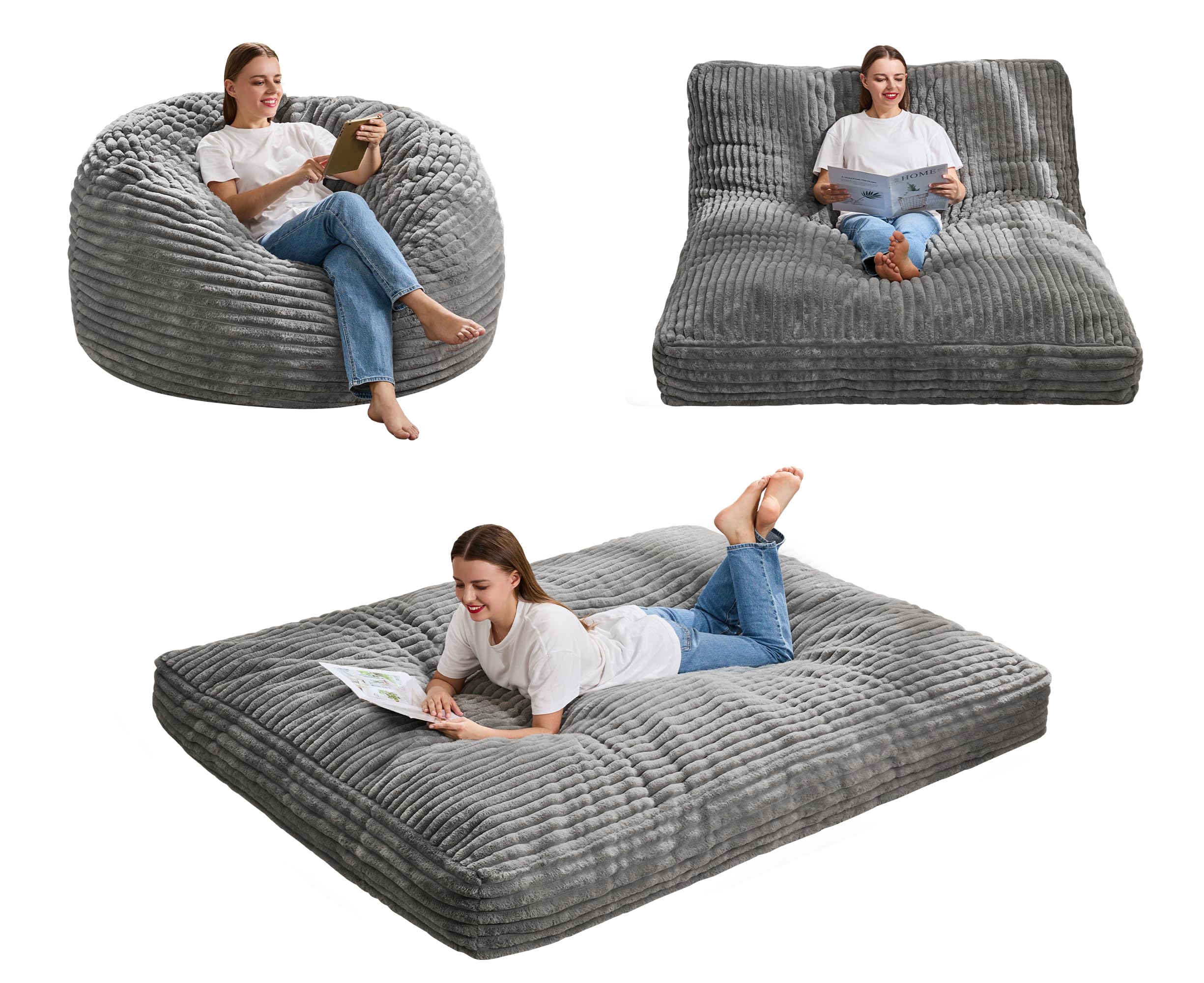 Hobestluk Bean Bag Chair Convertible Beanbag Chairs for Adults, 3 in 1 Bean Bags with Stripe Cover, Adult Bean Bag Chair for Living Room, Bedroom (