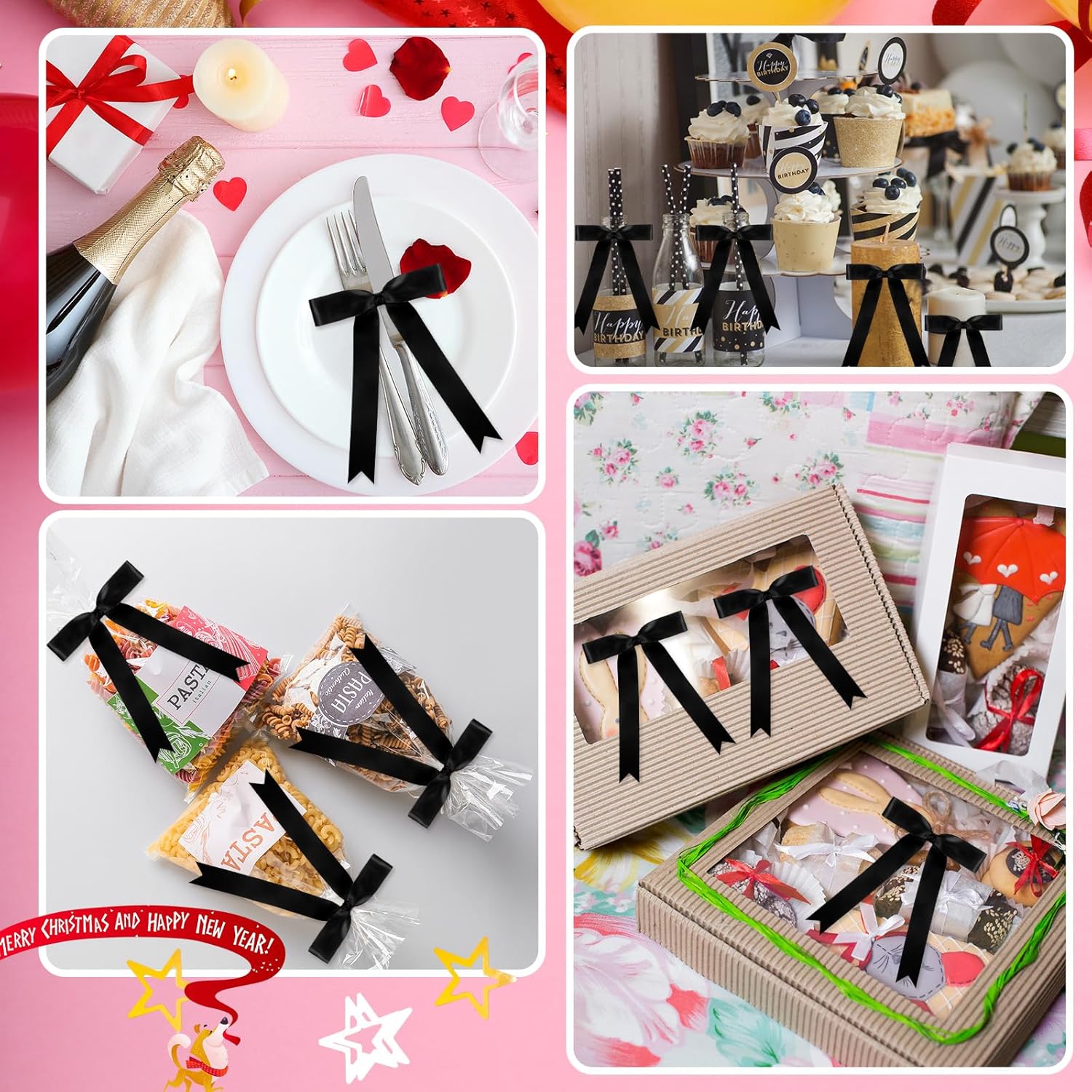 Riceshoot 24 Pcs Satin Ribbon Bows 5x7'' Self Adhesive Stick On Premade Satin Bows with Double Sided Tape for Gift Wrapping Crafts Wedding Christmas Birthday Balloons(Black,1 Inch Wide) - Image 6