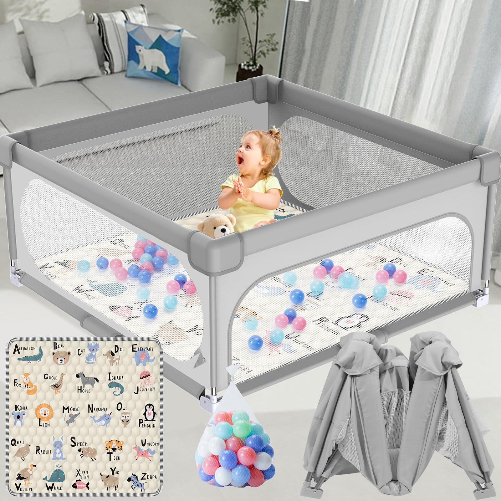 Foldable Playpen 59'59' with Mat, Playard for Toddlers, Portable Safety Fence, Lightweight, No Installation, Indoor & Outdoor Baby Playpen with Ocean Balls*50, Play Mat Grey
