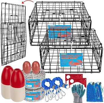 QualyQualy 2 Packs Foldable Crab Trap 24", Crab Bait Bag,Pacific Heavy Duty Steel Crap Cage Kit with Harness, 100 Sinking Line, Easy Store & Carry Crabbing Kit