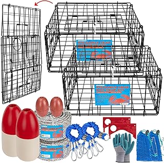 QualyQualy 2 Packs Foldable Crab Trap 24", Crab Bait Bag，Pacific Heavy Duty Steel Crap Cage Kit with Harness, 100’ Sinking Line, Easy Store & Carry Crabbing Kit