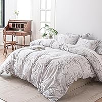 Vista 2 de 100% Natural Cotton 3pcs Floral Duvet Cover Sets-Grayish White Duvet Cover with Gray Luxurious Flowers & Branches Pattern,Botanical Comforter Cover