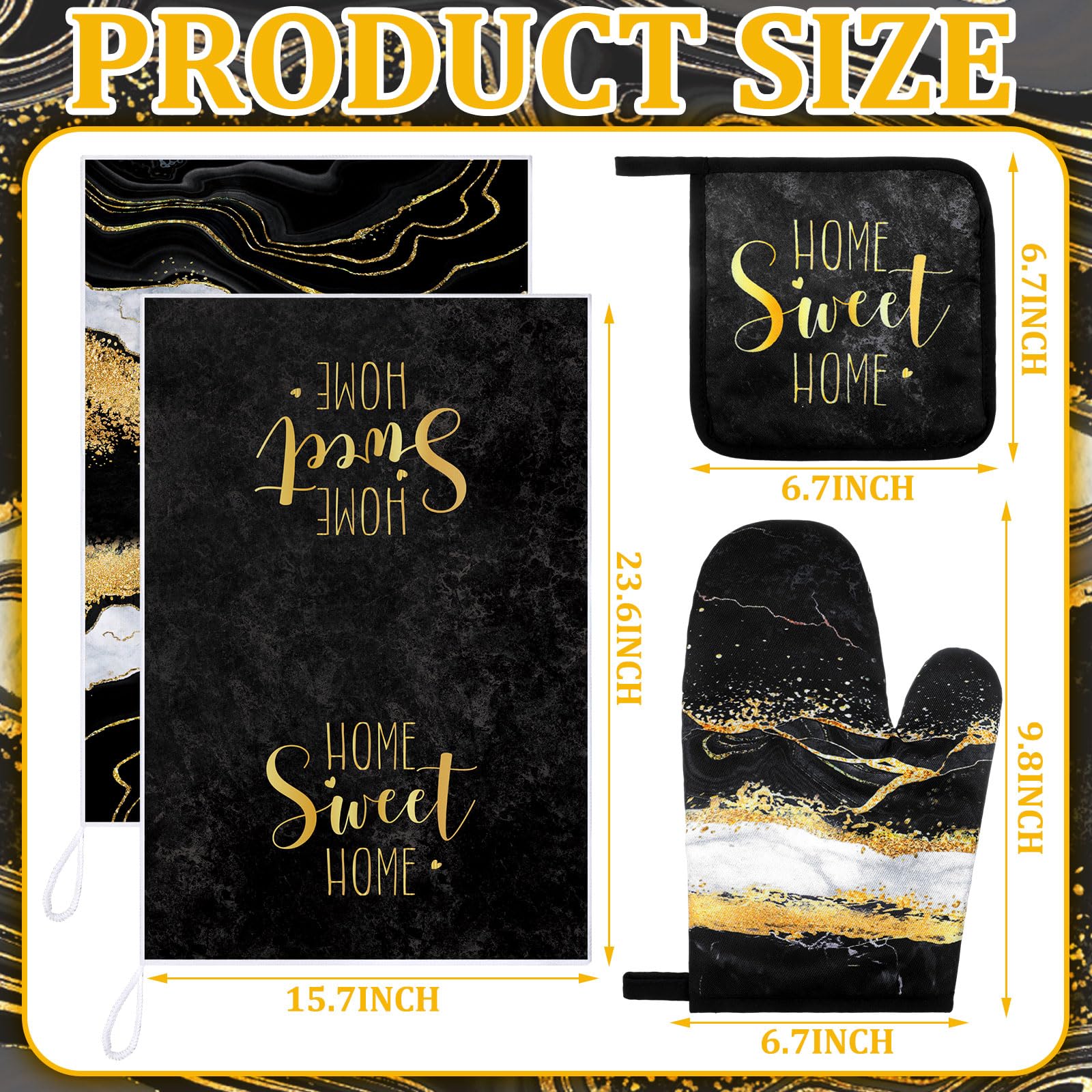Juego de 8 paños de cocina de mármol negro para decoración de cocina y guantes de horno, soportes para ollas y paños de cocina, accesorios de cocina de granja, juego decorativo para chef 3