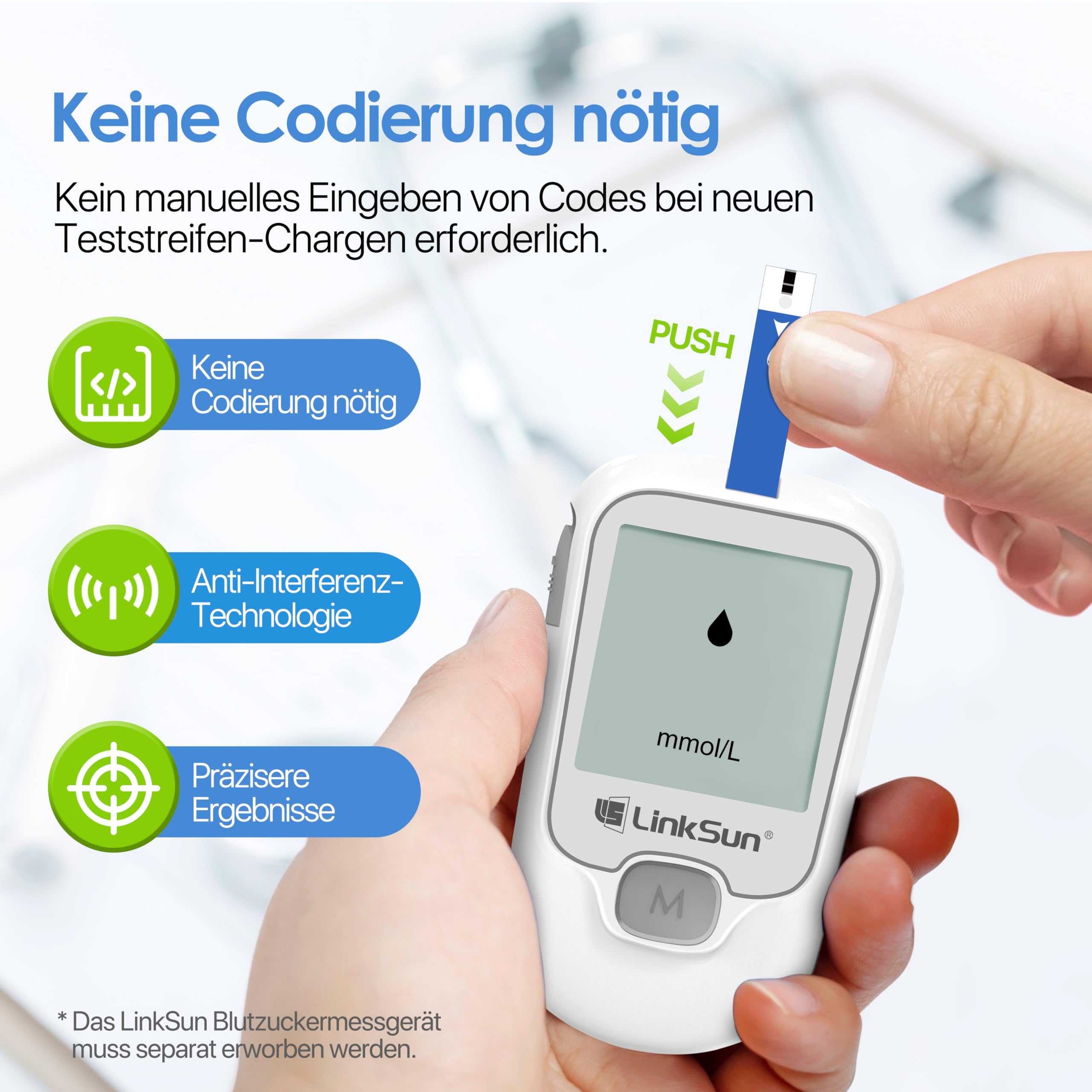 LinkSun Blutzuckerteststreifen, 100 Stück, Kompatibel mit G-425-3, G-425-2V, G-425-1 Blutzuckermessgeräten - Präzise Messung, Ergebnis in 5 Sekunden - 2 Flaschen à 50 Stück (messgerät nicht enthalten)