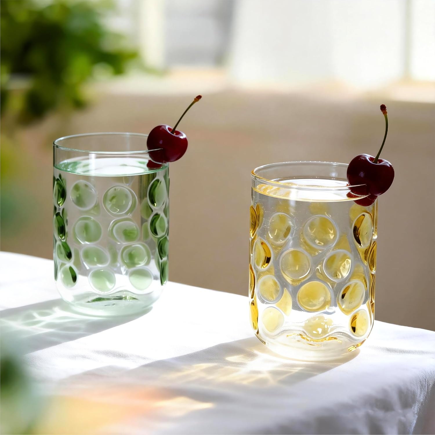 3D Polka Dot Crystal Glass Set of 2 – Hand-Colored Retro Design, Lead-Free Crystal, 16oz Capacity (Green & Yellow)