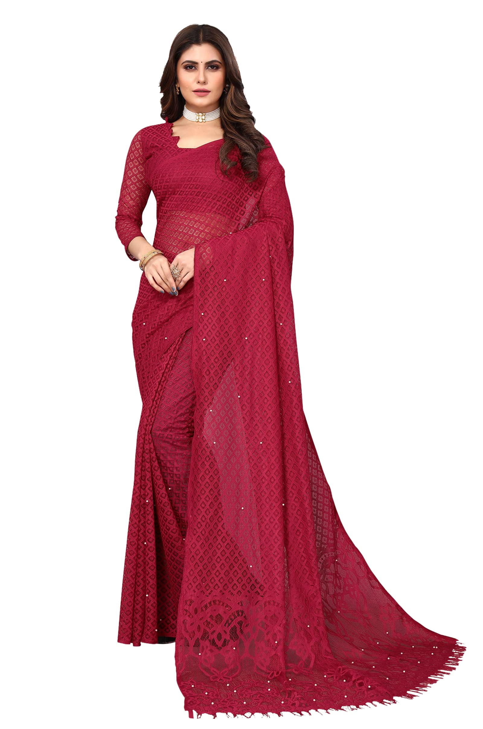 TRAFAARTIndian Net Saree for Women Traditional Sari with Unstitched Blouse