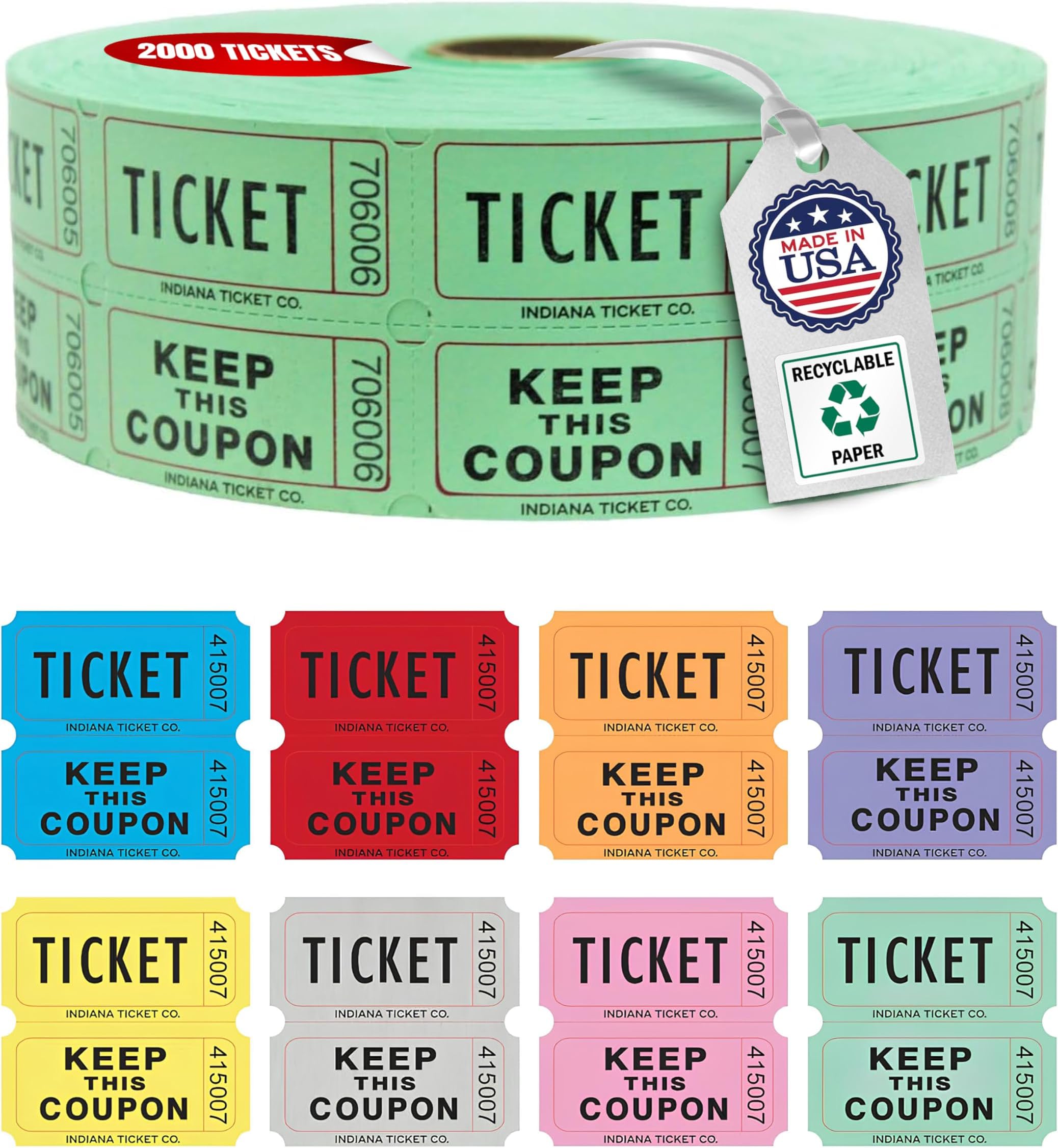 INDIANA TICKET CO. 2,000 Green Raffle Tickets Double Roll, Premium Quality 50/50 Raffle Tickets, Tickets for Events, Carnivals, Door Prizes, Drinks and More