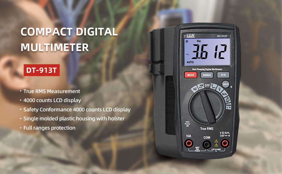 Image of CEM DT-913T Digital Multimeter TRMS 4000 Counts Voltmeter Auto-Ranging Fast Accurately Measures LCD Display Voltage Current Amp Resistance Diodes Continuity for Automotive